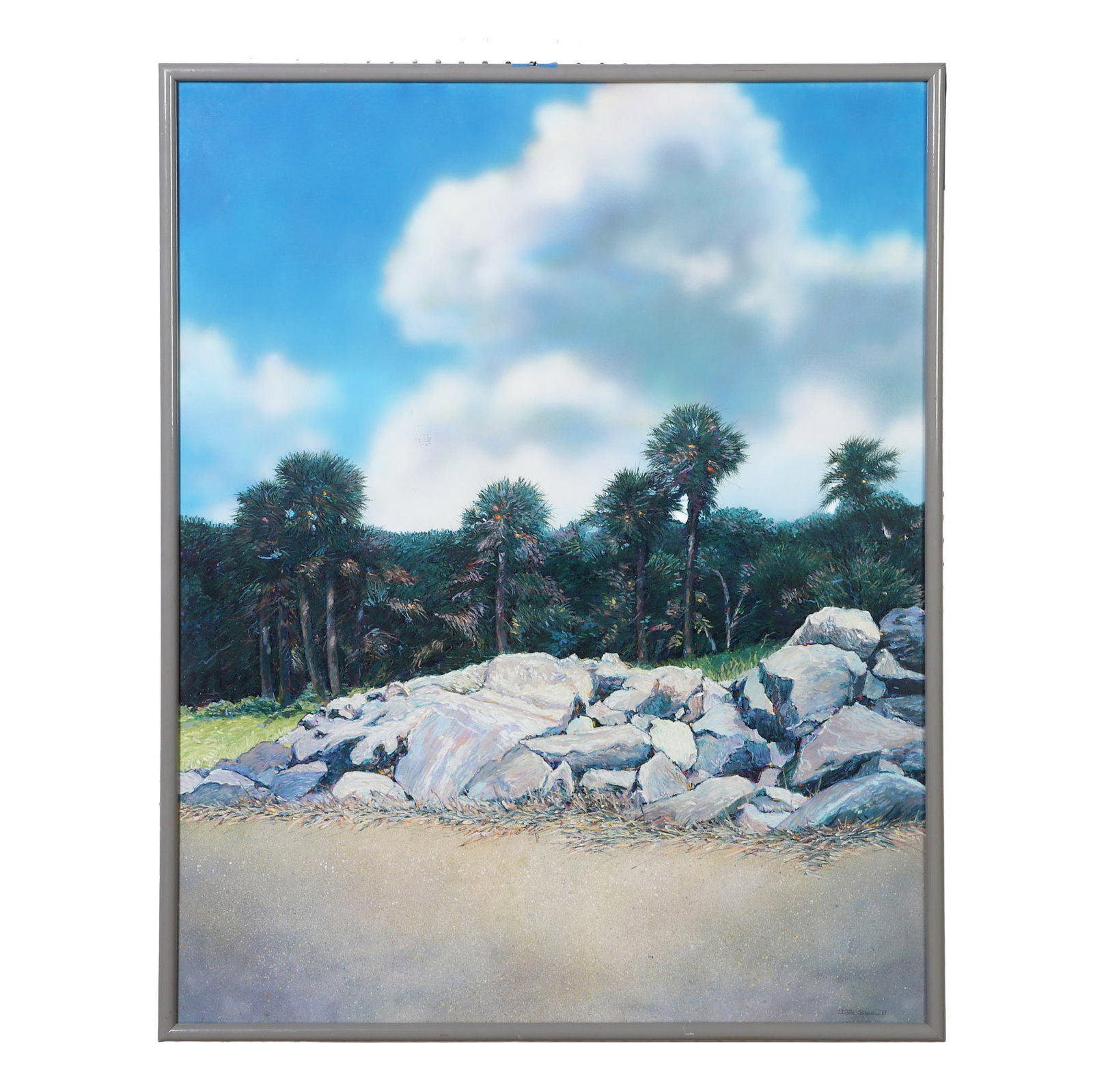 Linda Poole FitzSimons (North Carolina, 20th C) Landscape Painting.: Linda Poole FitzSimons (North Carolina, 20th C) Landscape Painting. Titled: "Shipyard Plantation, Hilton Head." A regionalist plein air oil, pastel, and gouache composition. Signed and dated '89 in th