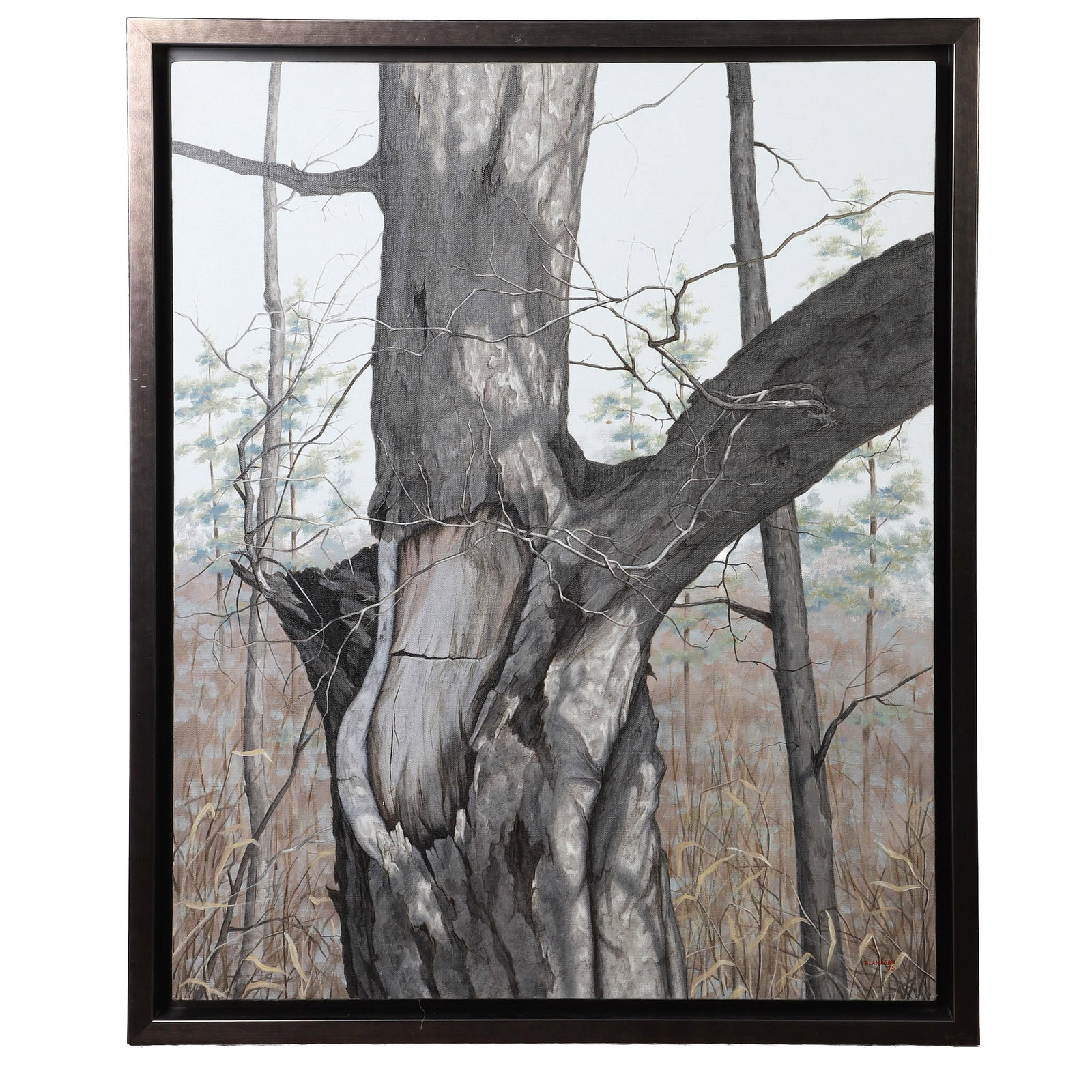 Clara Flanagan (North Carolina, 20th C) Arboreal Landscape.: Clara Flanagan (North Carolina, 20th C) Arboreal Landscape. Untitled forest vignette. Acrylic on canvas. Signed and dated '75. 32" H x 26" W sight, 34.75" H x 28.75" W frame.