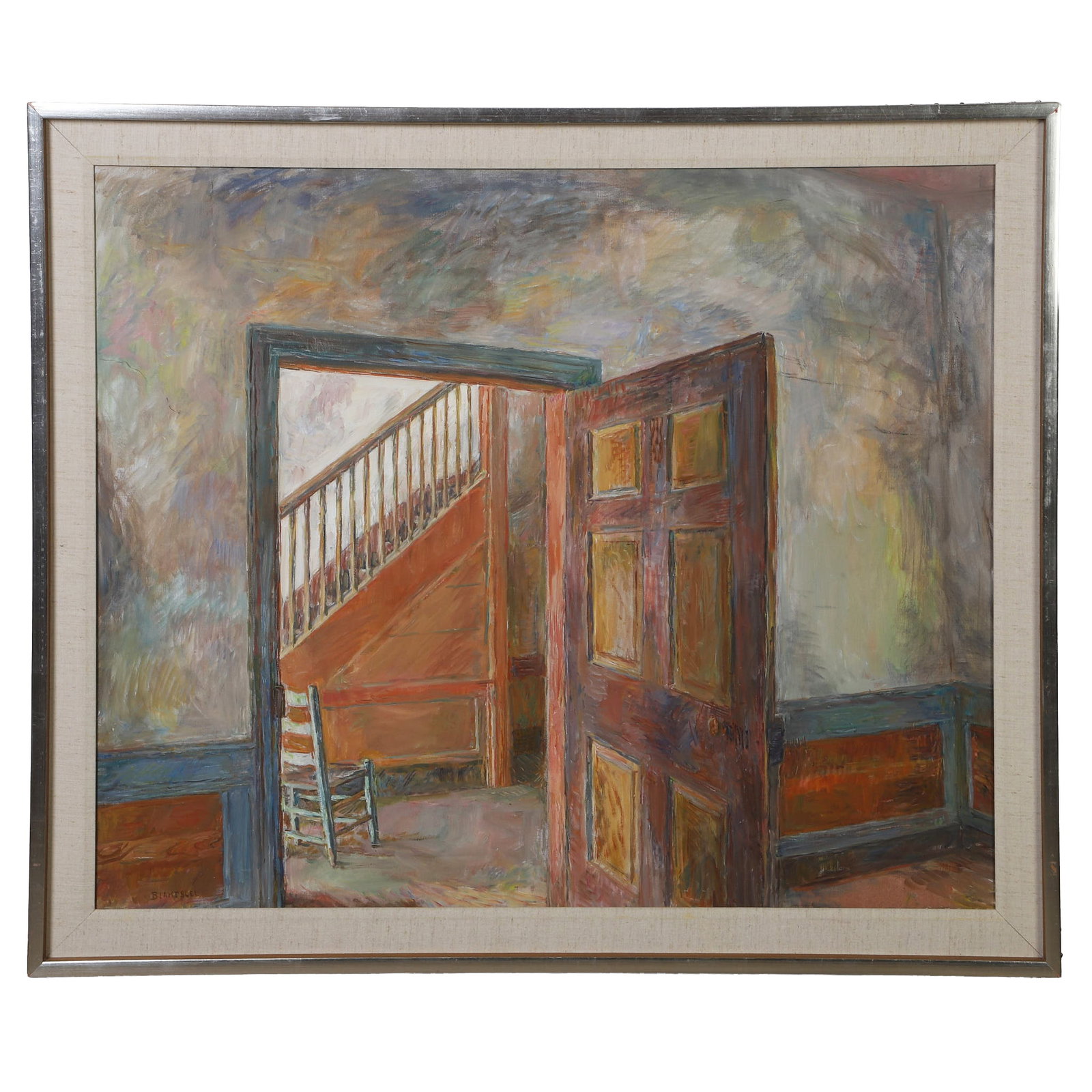 Sarah Blakeslee (North Carolina, 20th C) Interior Painting.: Sarah Blakeslee (North Carolina, 20th C) Interior Painting. Untitled painting of an open door looking onto a lighted hall and stairway. Oil on canvas. Signed in the lower left corner. 29.5" H x 35.5" 
