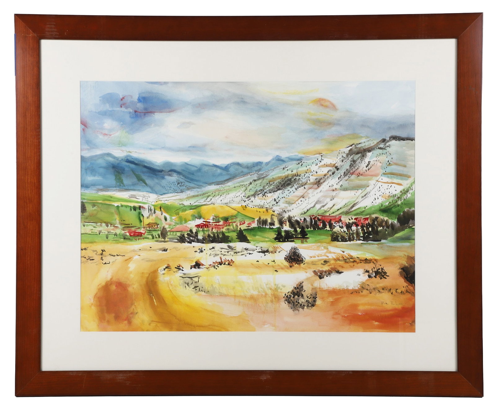 Elizabeth R. Lyon (North Carolina, 20th C) Watercolor.: Elizabeth R. Lyon (North Carolina, 20th C) Watercolor. Untitled valley view landscape. Signed in the lower right corner. 24" H x 32" W sight, 36" H x 44" W frame