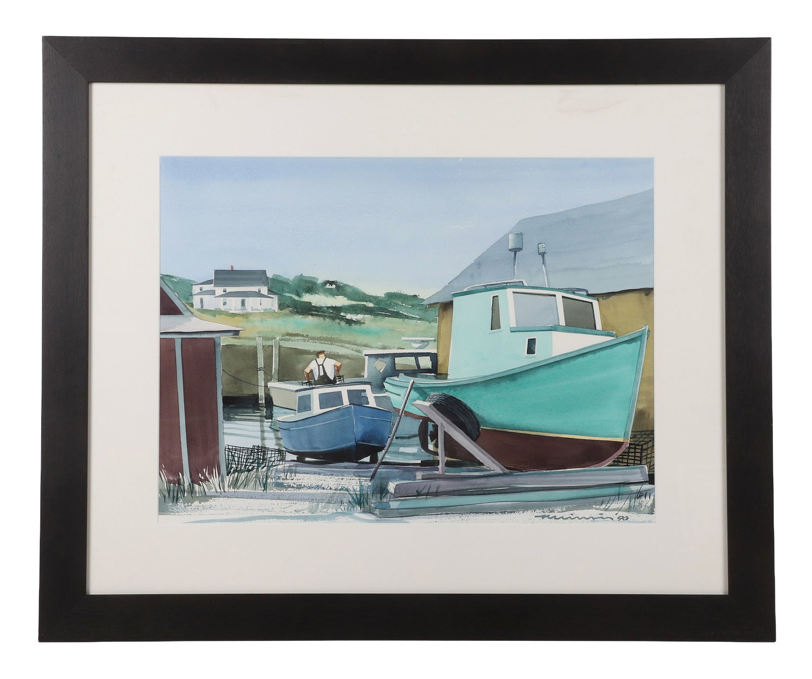 Paul Minnis (North Carolina, 20th C) Watercolor, 1990.: Paul Minnis (North Carolina, 20th C) Watercolor, 1990. Untitled boatyard scene. Signed and dated in the lower right corner. 17" H x 23" W sight, 28" H x 34" W frame.