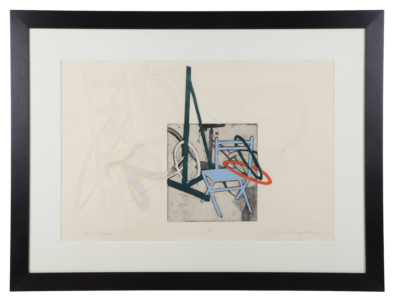 Peggie C. Blizard (Rockingham, North Carolina, b. 1942), Etching/Aquatint.: Peggie C. Blizard (Rockingham, North Carolina, b. 1942), Etching/Aquatint. Ghost Image, blue folding chair with an orange hoop and a green easel. Signed lower right and titled, sight 21 1/2"H x 32 1/2