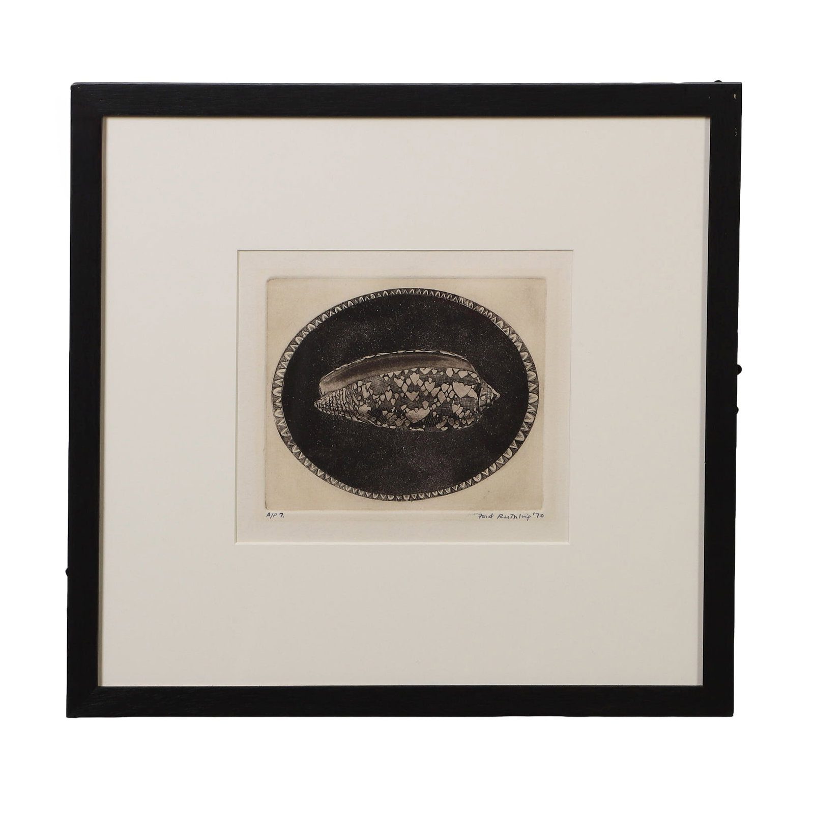Ford Ruthling (American, 20th C) Shell Etching.: Ford Ruthling (American, 20th C) Shell Etching. Untitled etching of a Cone Shell. Signed and dated 1970 in ink. 6.5" H x 7.5" W sight, 13.5" H x 14" W frame.