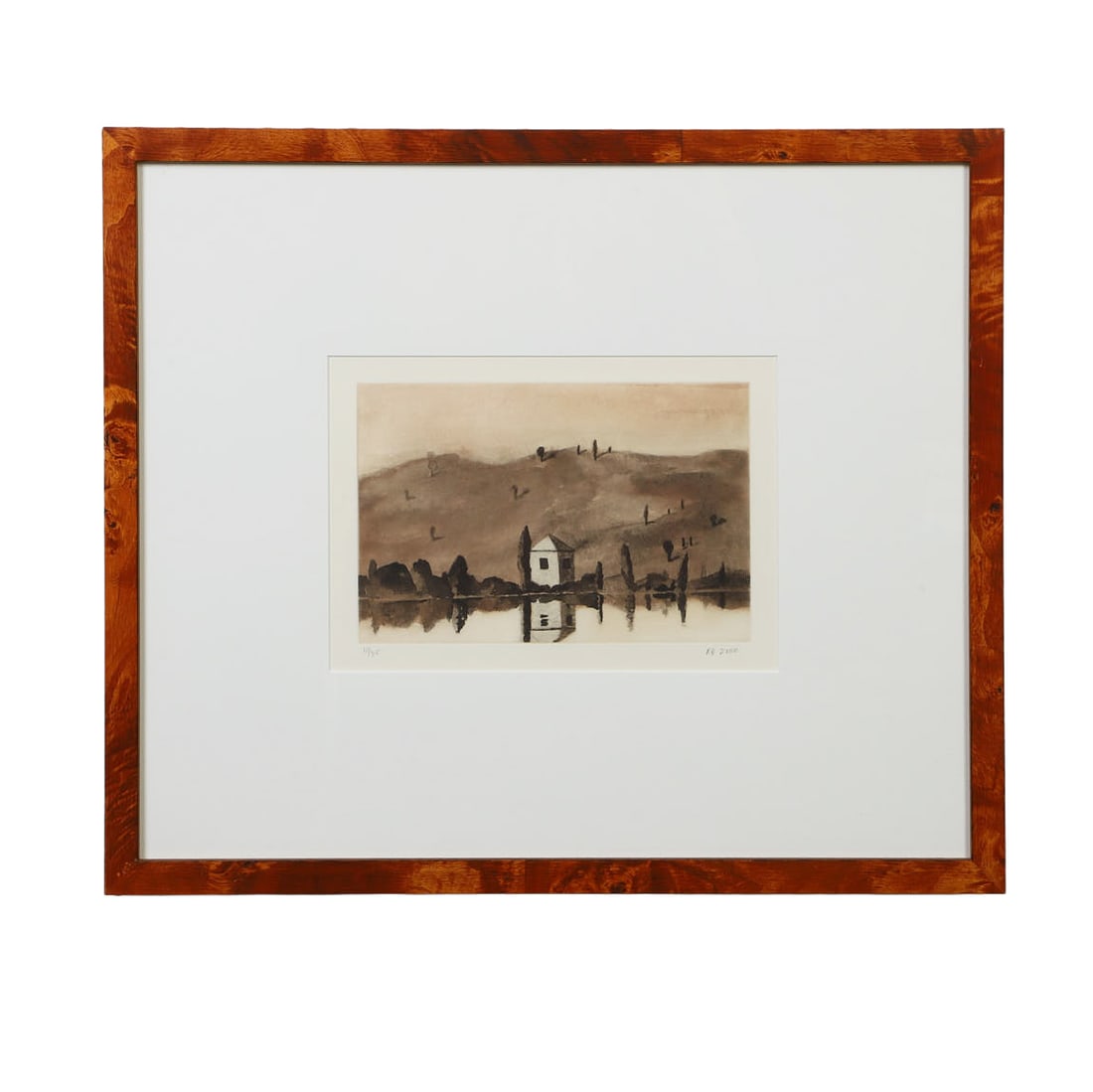 Minimalist, Atmospheric Landscape, Lithograph.: Minimalist, Atmospheric Landscape, Lithograph. A single-room white structure sits near a shoreline, flanked by narrow, stylized cypress trees. Limited edition 10/35, marked lower left. Signed lower ri