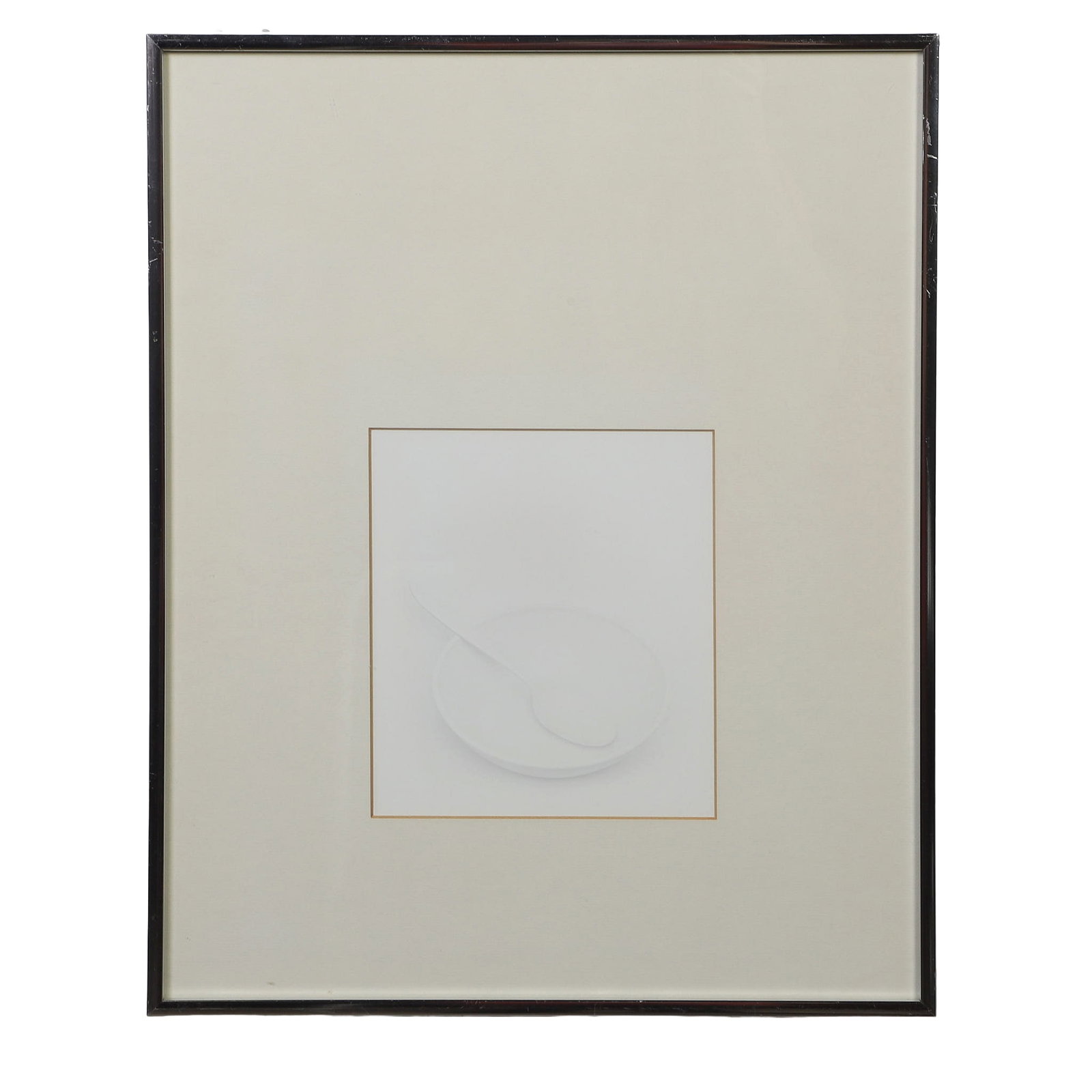 Minimalist, Monochromatic White-on-White Still Life.: Minimalist, Monochromatic White-on-White Still Life. Embossed stark white teacup sitting on a matching saucer with a spoon resting across it. 8" H x 7" W sight, 10" H x 16"W frame