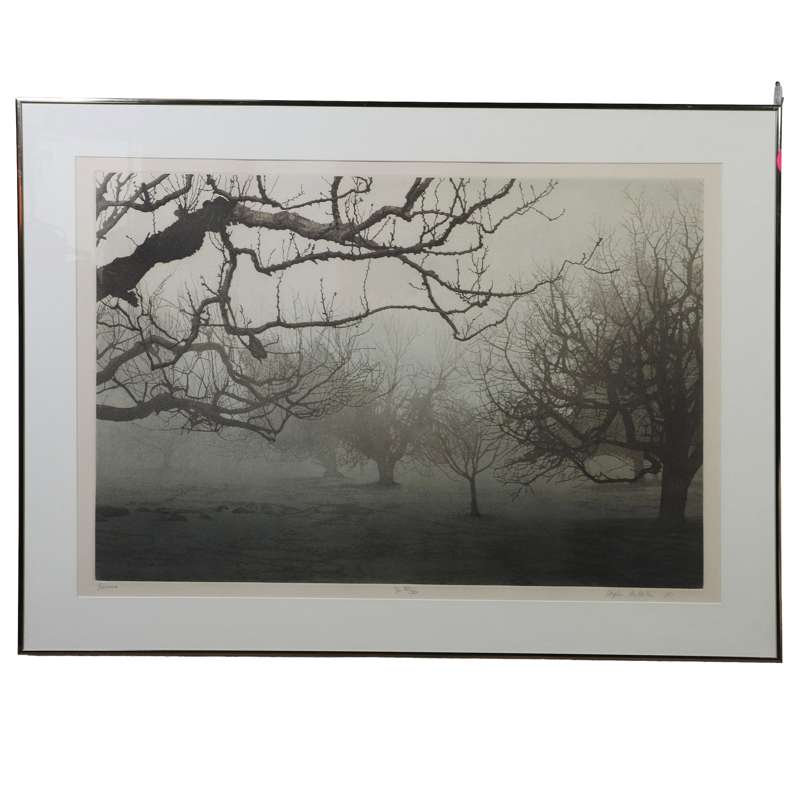 Stephen McMillan (American, 20th/21st C) Lithograph: Stephen McMillan (American, 20th/21st C) Lithograph Titled: "Sonoma." Showing bare deciduous trees shrouded in dense winter or morning fog. Pencil-signed and numbered AP XII/XV BC lower margins. 26" H