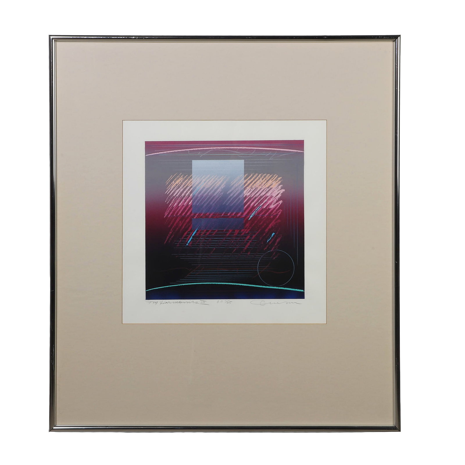 Anthony Quinn (Mexican American, 1915?2001), AP Print.: Anthony Quinn (Mexican American, 1915?2001), AP Print. Titled: "In Harmonies III", colorful abstract, signed lower right Quinn and editioned A.P. 11/25, sight 18"H x 18"W, frame 35"H x 31"W.