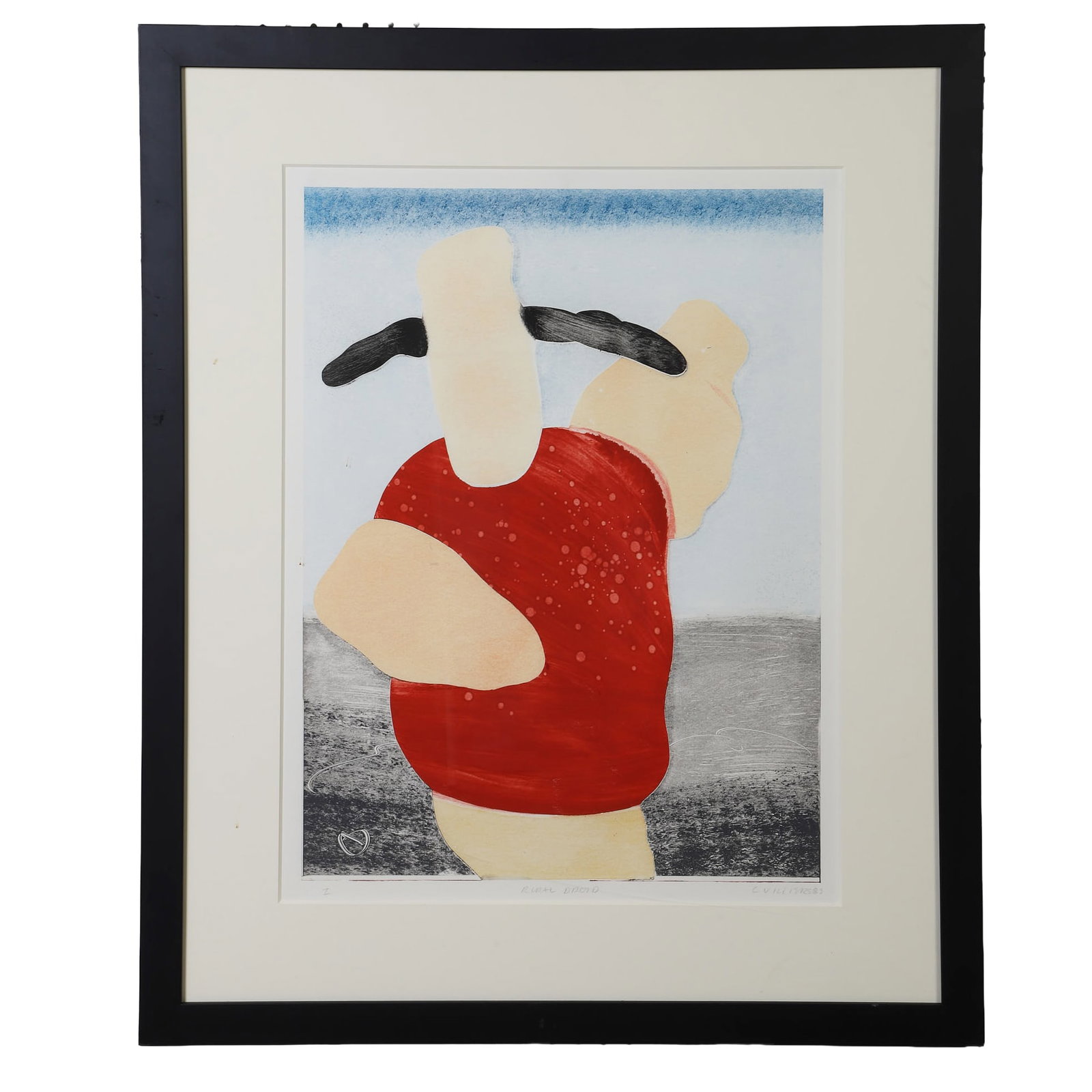 Charles Villiers (20th C.) Figural Monoprint.: Charles Villiers (20th C.) Figural Monoprint. Titled: 'Rural Droid', 1/1 monoprint of an abstract figure in red. Signed and titled in the bottom margin, dated '83. Sight 28.5"H x 21.5"W, frame 39.25"H