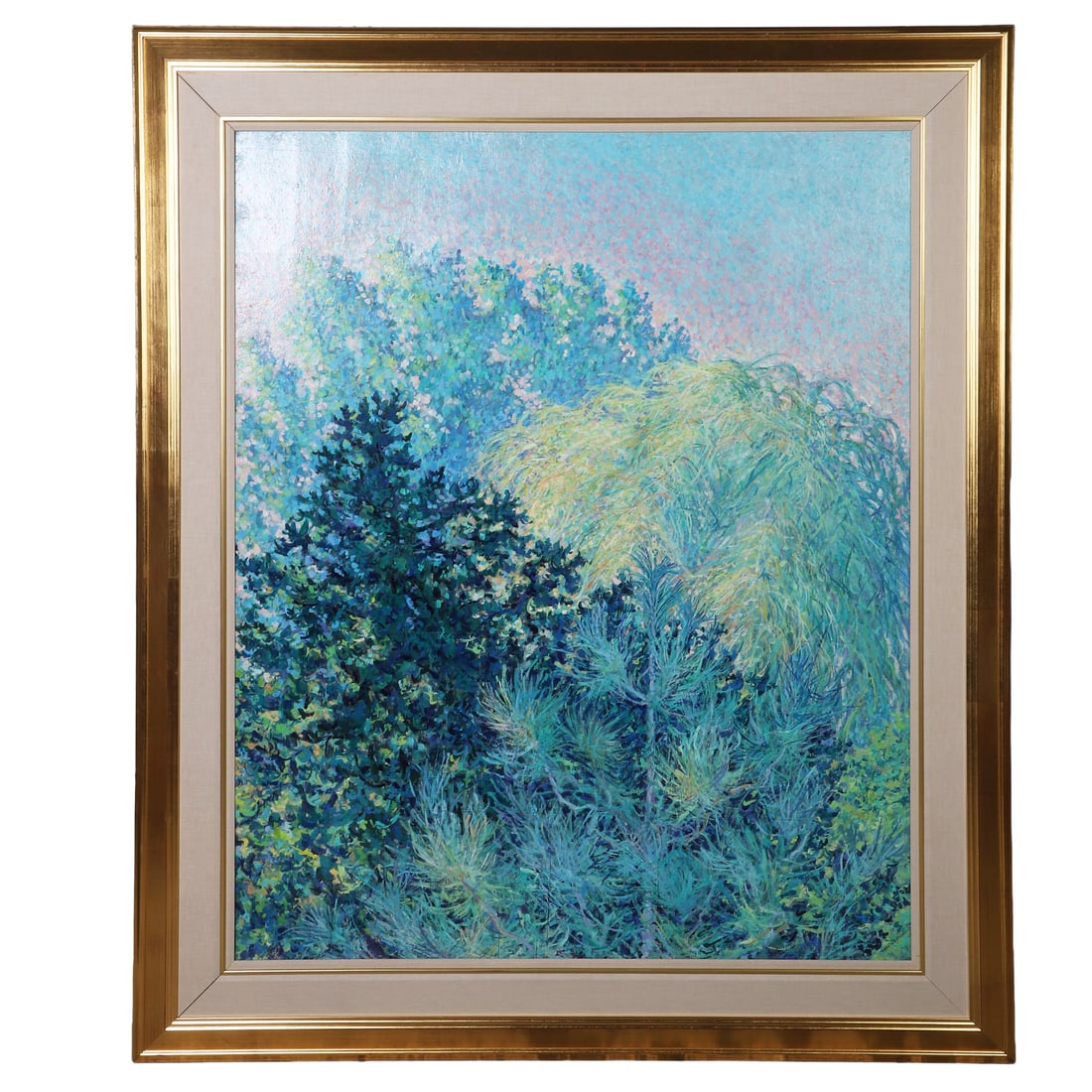 D. McClain (unknown) Impressionist Treetops Painting.: D. McClain (unknown) Impressionist Treetops Painting. Large-scale ethereal painting. Oil on board. 55" H x 45" W sight, 68.5" H x 58.5" W frame.