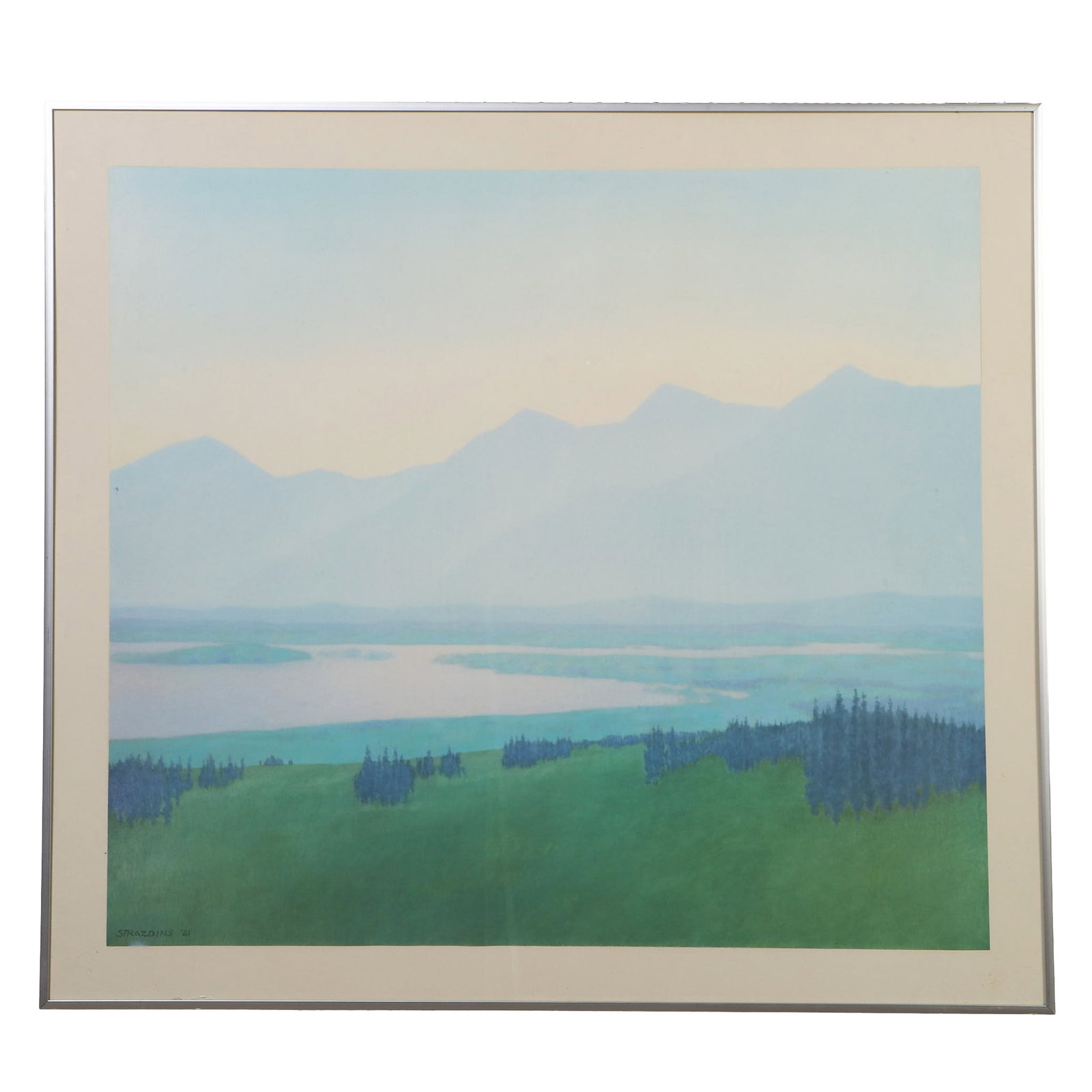 Vilnis Strazdins (American, 20th C) Lithograph.: Vilnis Strazdins (American, 20th C) Lithograph. Titled: "Mountain Twilight." Signed and dated '81 in the plate. 26.5" H x 30" W sight, 31" H x 34.25" W frame.