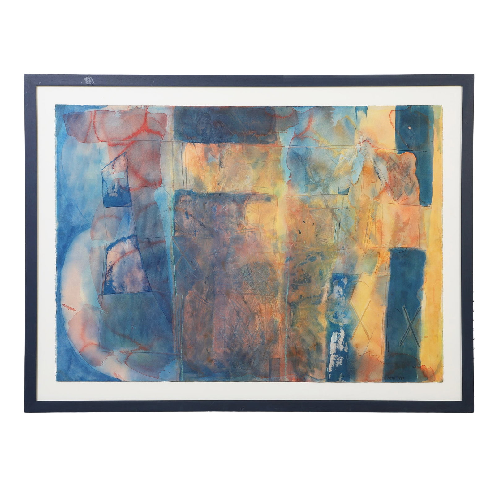 Modernist Abstract Watercolor, Signed L. Neid, 1981.: Modernist Abstract Watercolor, Signed L. Neid, 1981. Artist unknown. Signed and dated in the lower right corner. 29.5" H x 41.5" W sheet, 36" H x 48" W frame.