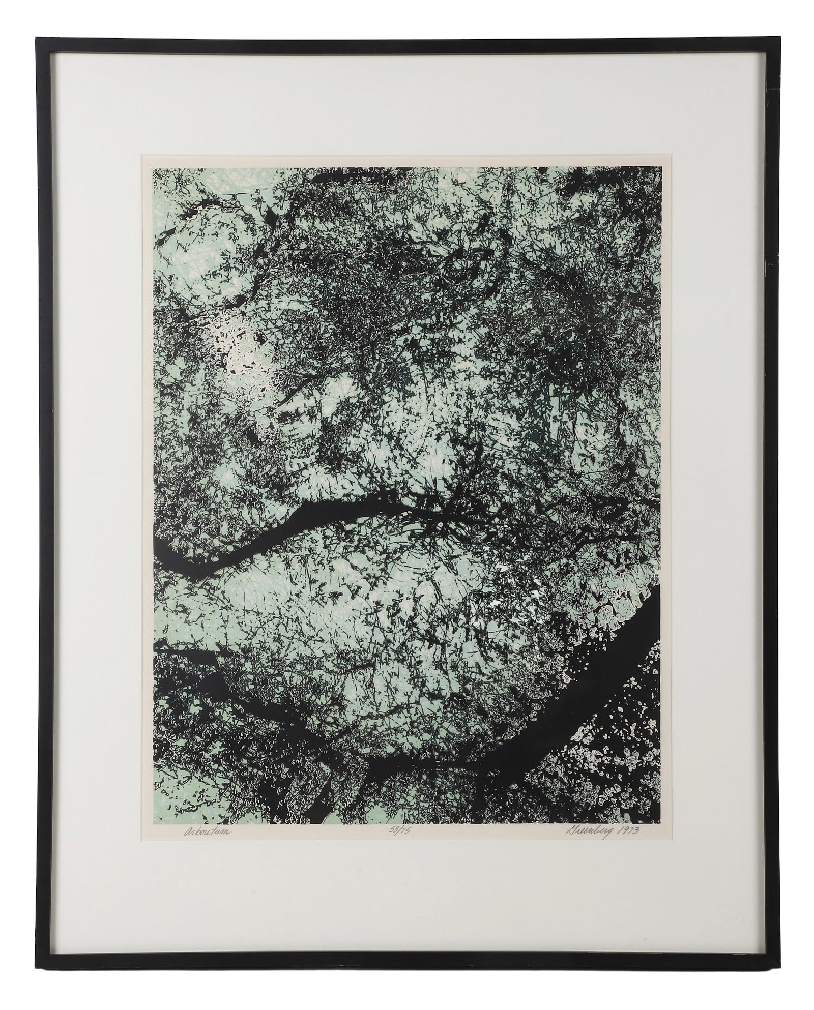 Signed Greenburg, Modernist Abstract Composition, 1973.: Signed Greenburg, Modernist Abstract Composition, 1973. Titled: "Arboretum." Pencil-signed and numbered 58/75. 23.5" H x 18" W sight, 32.5" H x 26" W frame.
