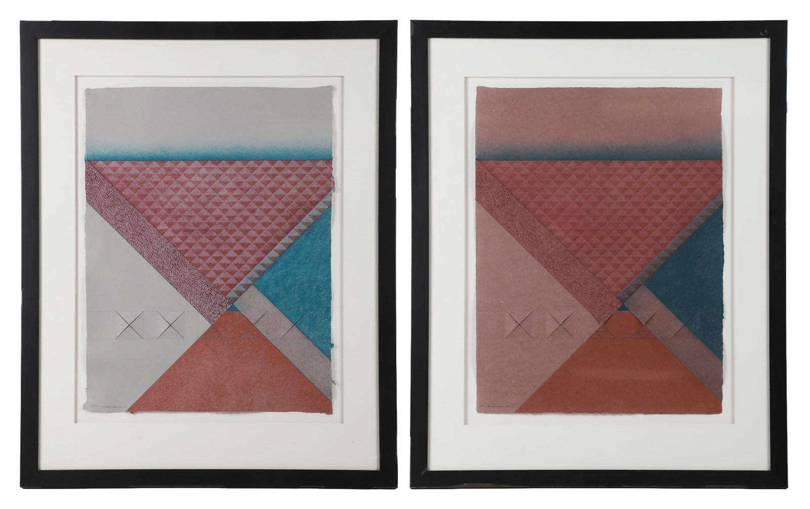 (2) Modernist Abstract Compositions, Chris Yarborough (American, 20th C).: (2) Modernist Abstract Compositions, Chris Yarborough (American, 20th C). (2) Mixed Media Prints numbered 80/100 and 87/100. 23.5" H x 17.5" W sheet, 33.5" H x 27" W frame.