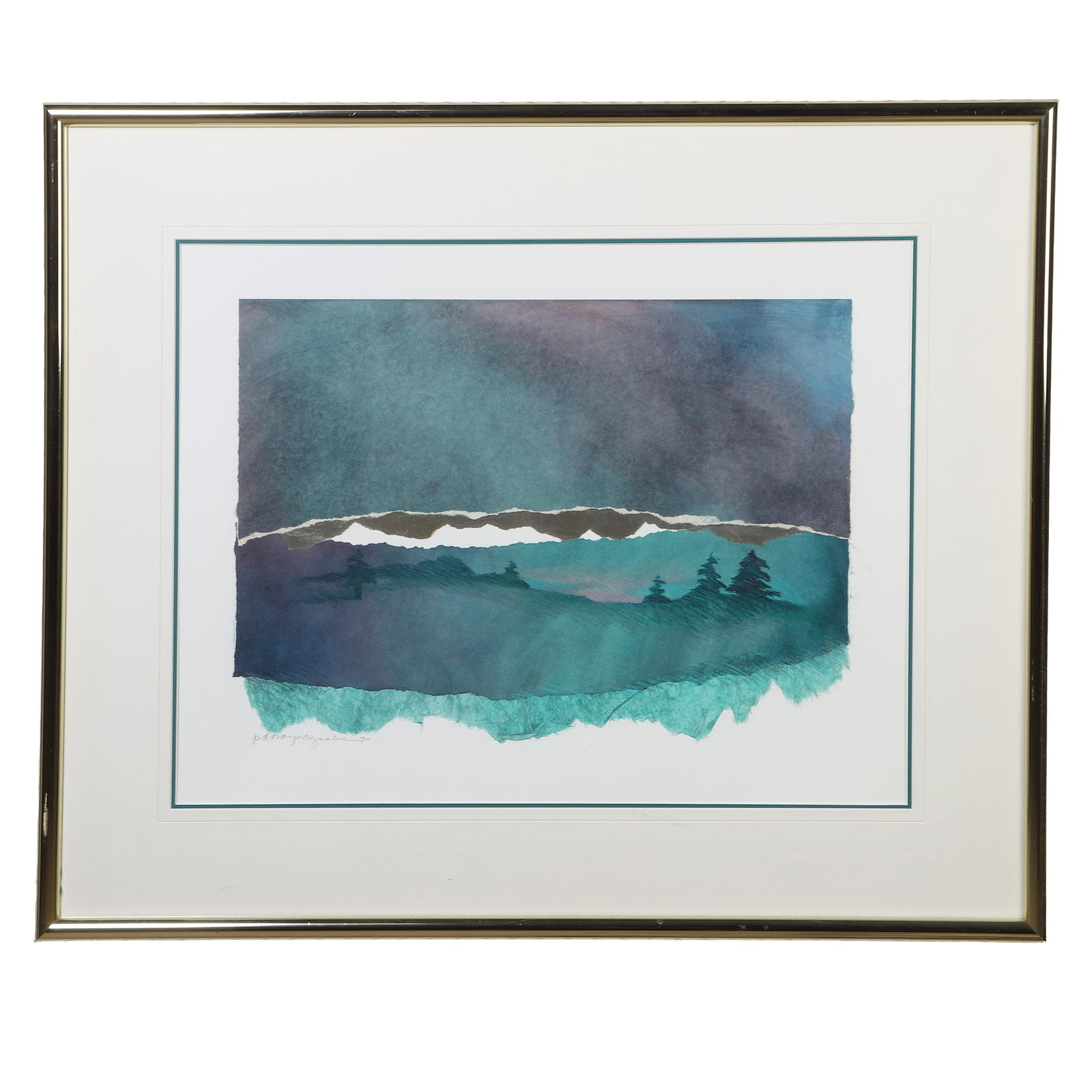 Atmospheric Landscape Watercolor, 1990.: Atmospheric Landscape Watercolor, 1990. Artist unknown, signed indistinctly and dated. 21" H x 26" W sight, 30" H x 35.5" W frame.