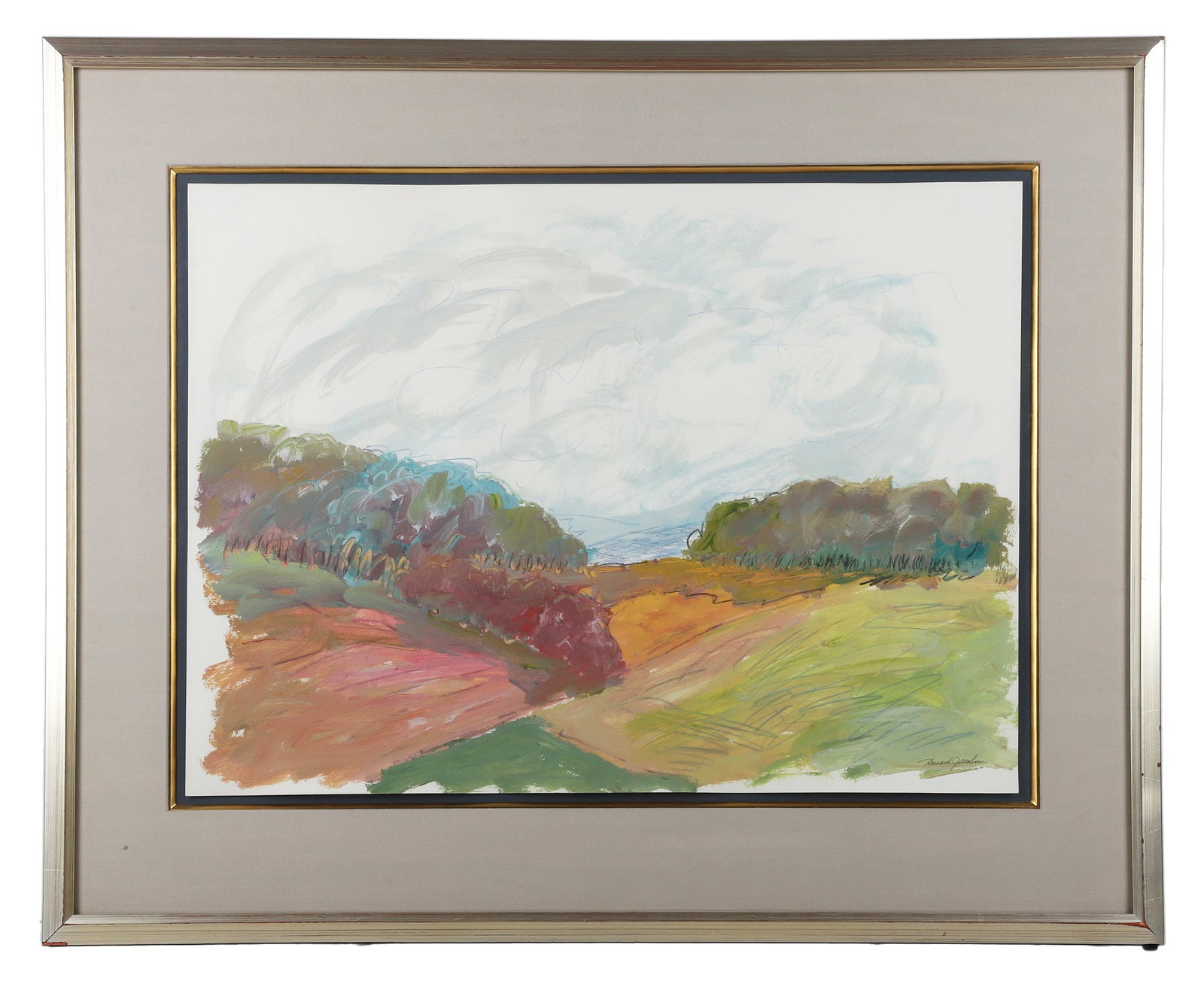 Signed Howard Jacobsen, Landscape.: Signed Howard Jacobsen, Landscape. Modernist abstract landscape. Acrylic on paper. Pencil signed in the lower-left corner. 22" H x 29.75" W sight, 32.5" H x 40" W frame.
