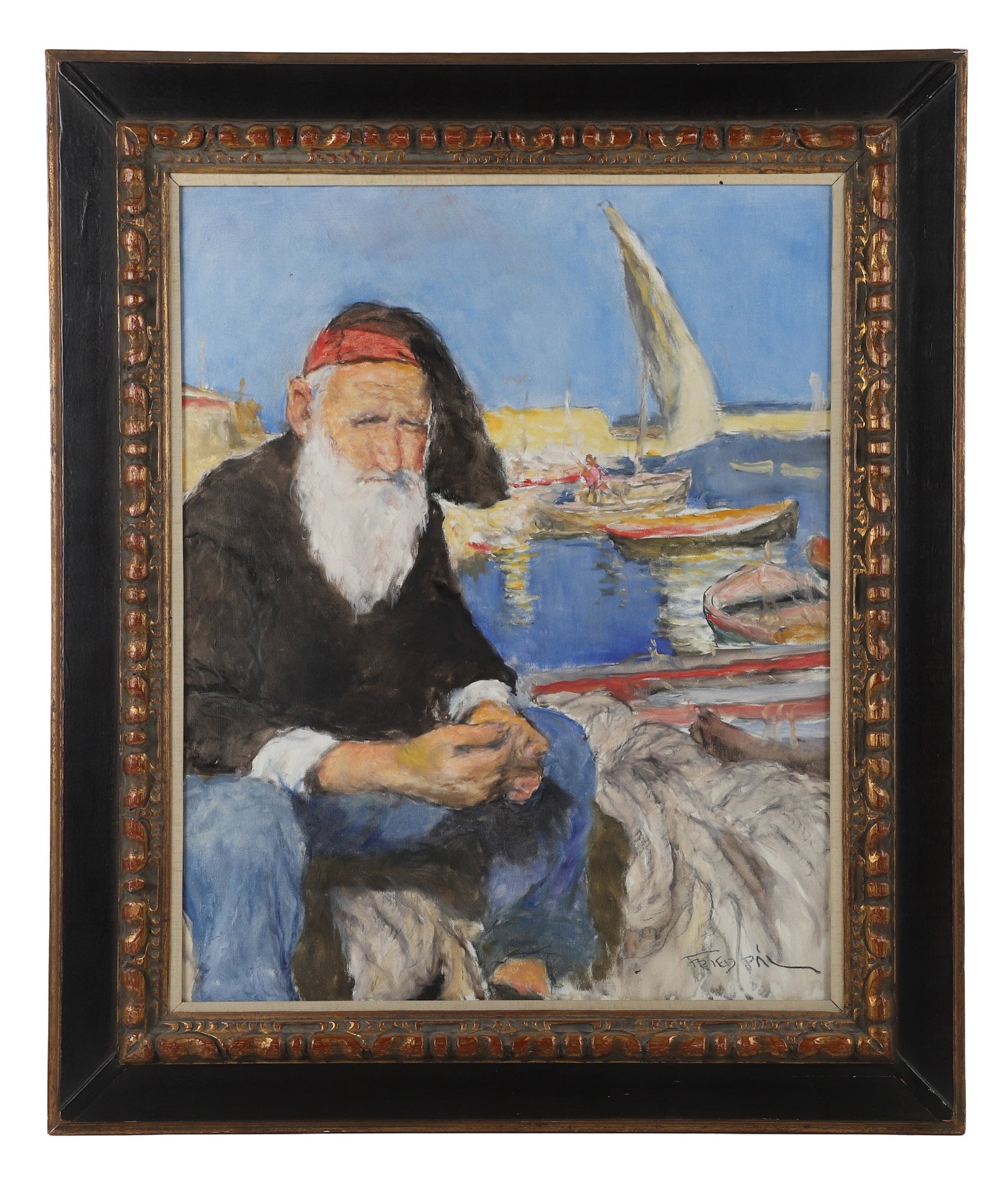 Pal Fried (Hungarian / American, 1893-1976) Old Salt Portrait.: Pal Fried (Hungarian / American, 1893-1976) Old Salt Portrait. Painted from a magazine photo affixed to the back titled: "Dressed for Sunday, a Sicilian Bernard Shaw Meditates on Fish and Life." Oil o