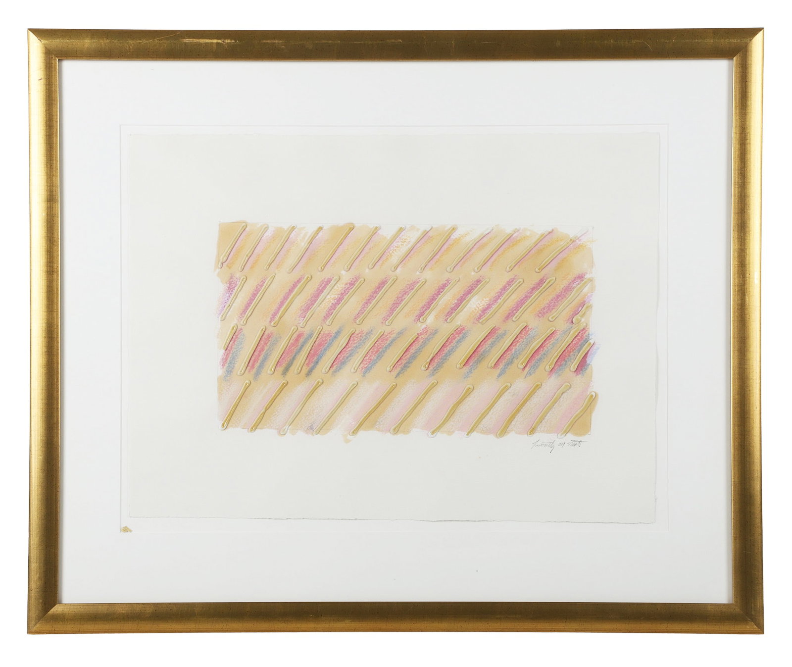 Timothy M. Matt (American, 20th C) Mixed Media Composition.: Timothy M. Matt (American, 20th C) Mixed Media Composition. Untitled abstract composition. Mixed media on paper. Pencil-signed in the lower right corner. 18" H x 24" W sight, 27.5" H x 33.5" W frame.