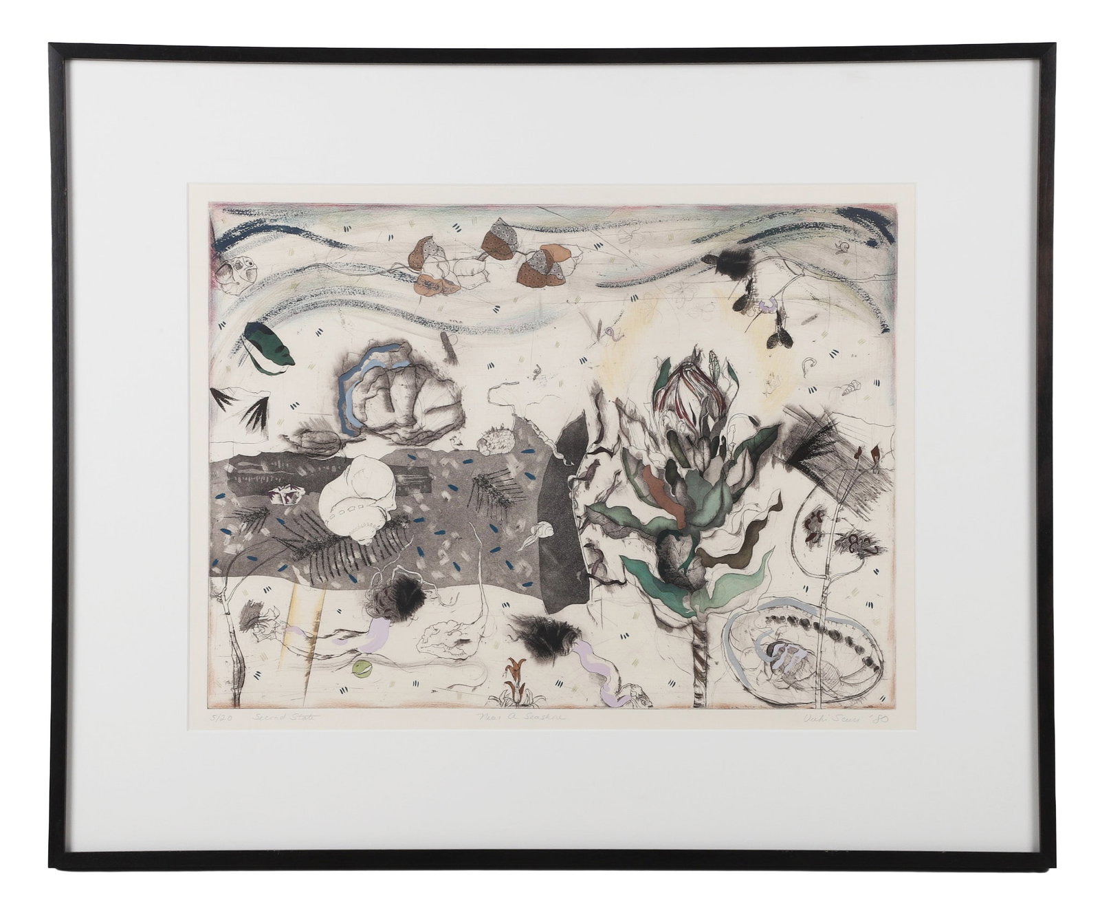 Vicki Scuri (American, 20th C) Etching.: Vicki Scuri (American, 20th C) Etching. Titled: "Near a Seashore." Abstract expressionist work. Pencil-signed, dated 1980, and designated 5/20 (second state). 16" H x 22" W sight, 26.5" H x 32.5" W fr