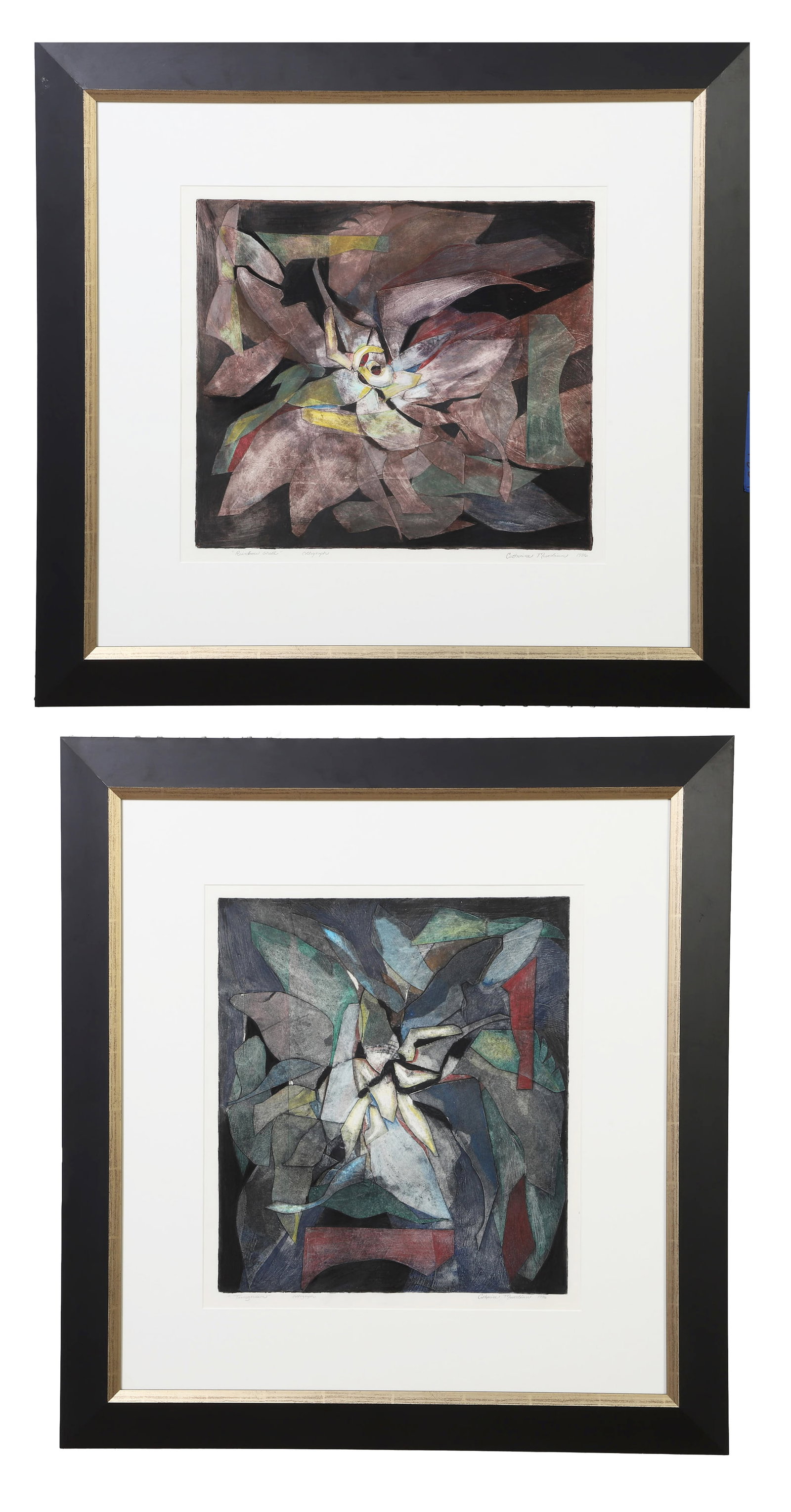 (2) Works, Catherine Mesrobian (20th C.).: (2) Works, Catherine Mesrobian (20th C.). Titled: "Rainbow Shell" and "Transgression," respectively. Dated 1986. Pencil signed by the artist. 15.75" x 17.5" image, 30" x 32" frame.