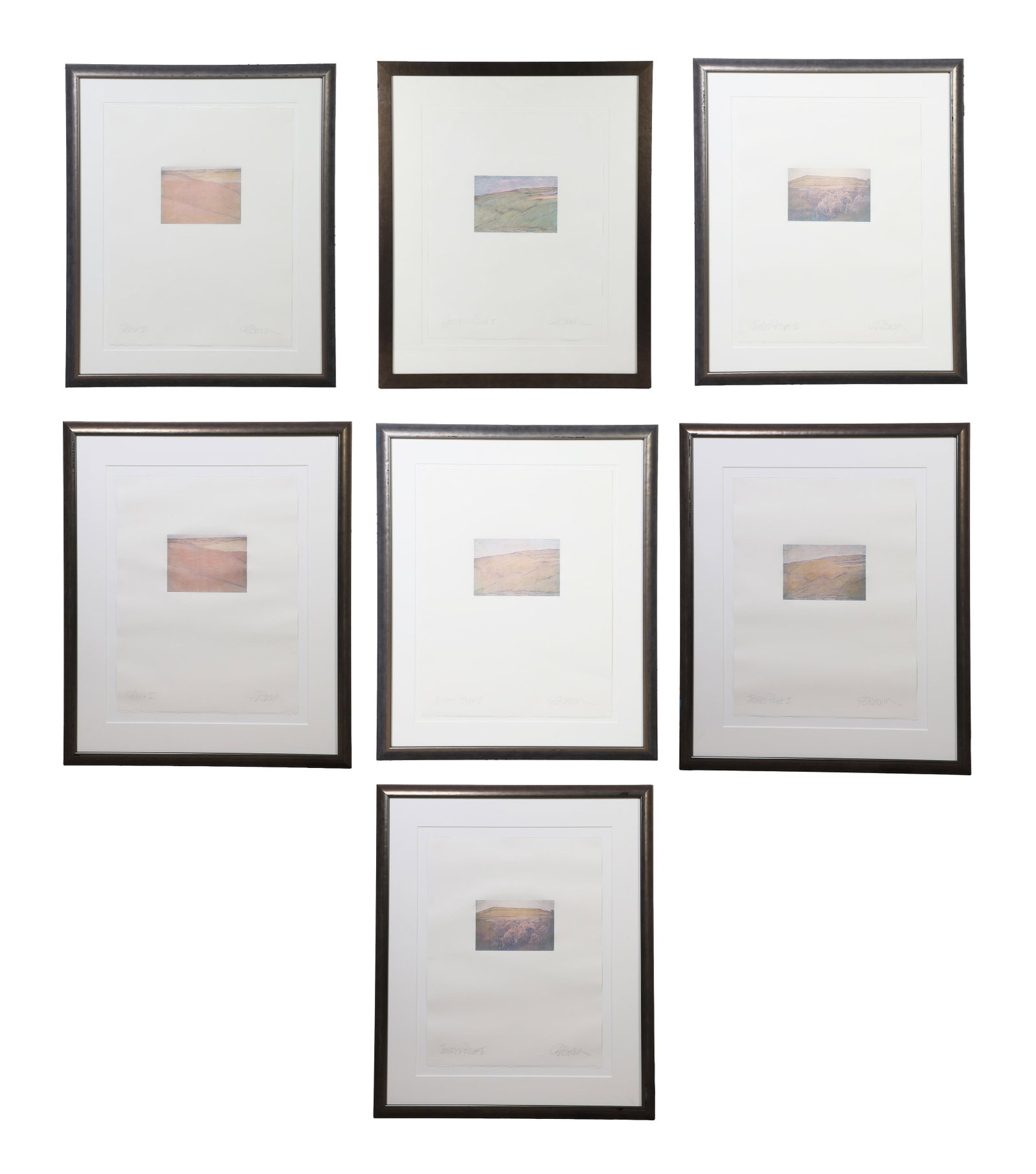 (7) Works, Don Byrum (American, 20th C).: (7) Works, Don Byrum (American, 20th C). From the "Jockey Ridge" and "Dune" Series. c.1980. Each pencil signed. 6" H x 9.5" W sight, 28" H x 22" W frames.