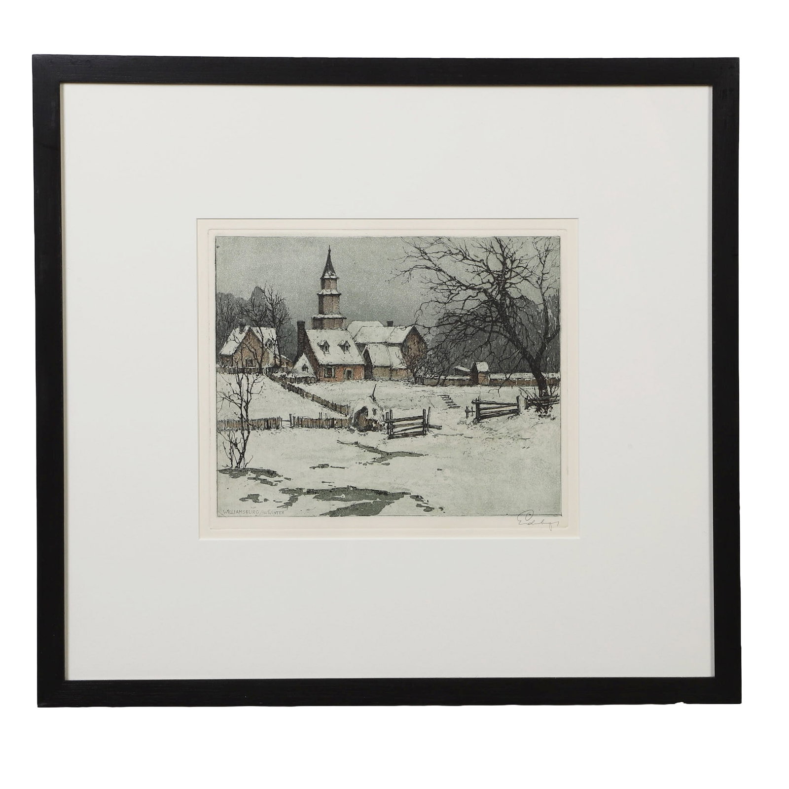 Josef Eidenberger (Austrian, 20th C) Etching.: Josef Eidenberger (Austrian, 20th C) Etching. Titled: "Williamsburg in Winter." Pencil signed. 9.5" H x11" W sight, 16" H x 17.5" W frame.