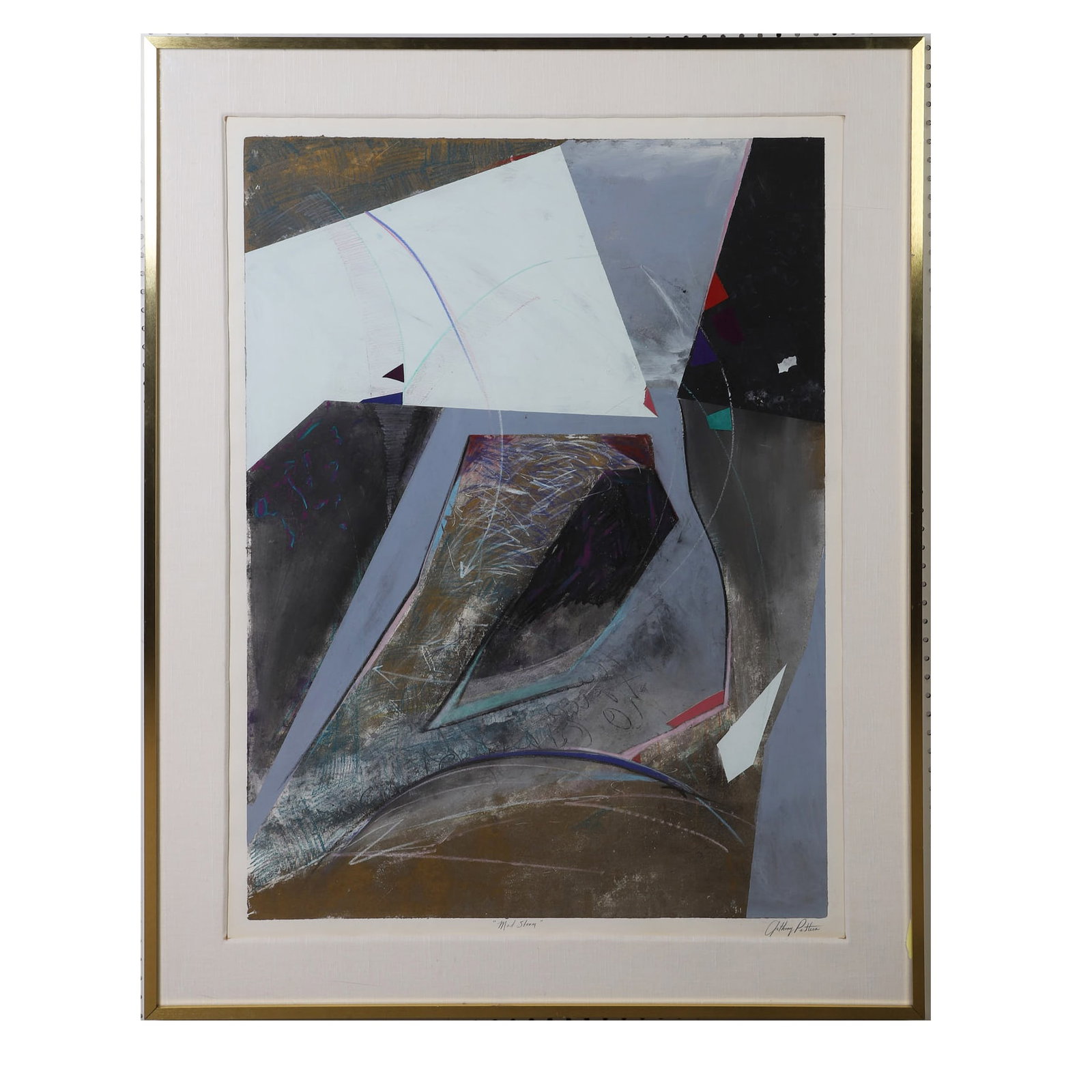 Anthony Pettera (20th C.) Monotype.: Anthony Pettera (20th C.) Monotype. Titled: 'Mad Storm' monotype abstract. Signed bottom right. Sight 42"H x 31"W, frame 55.25"H x 41.5"W.