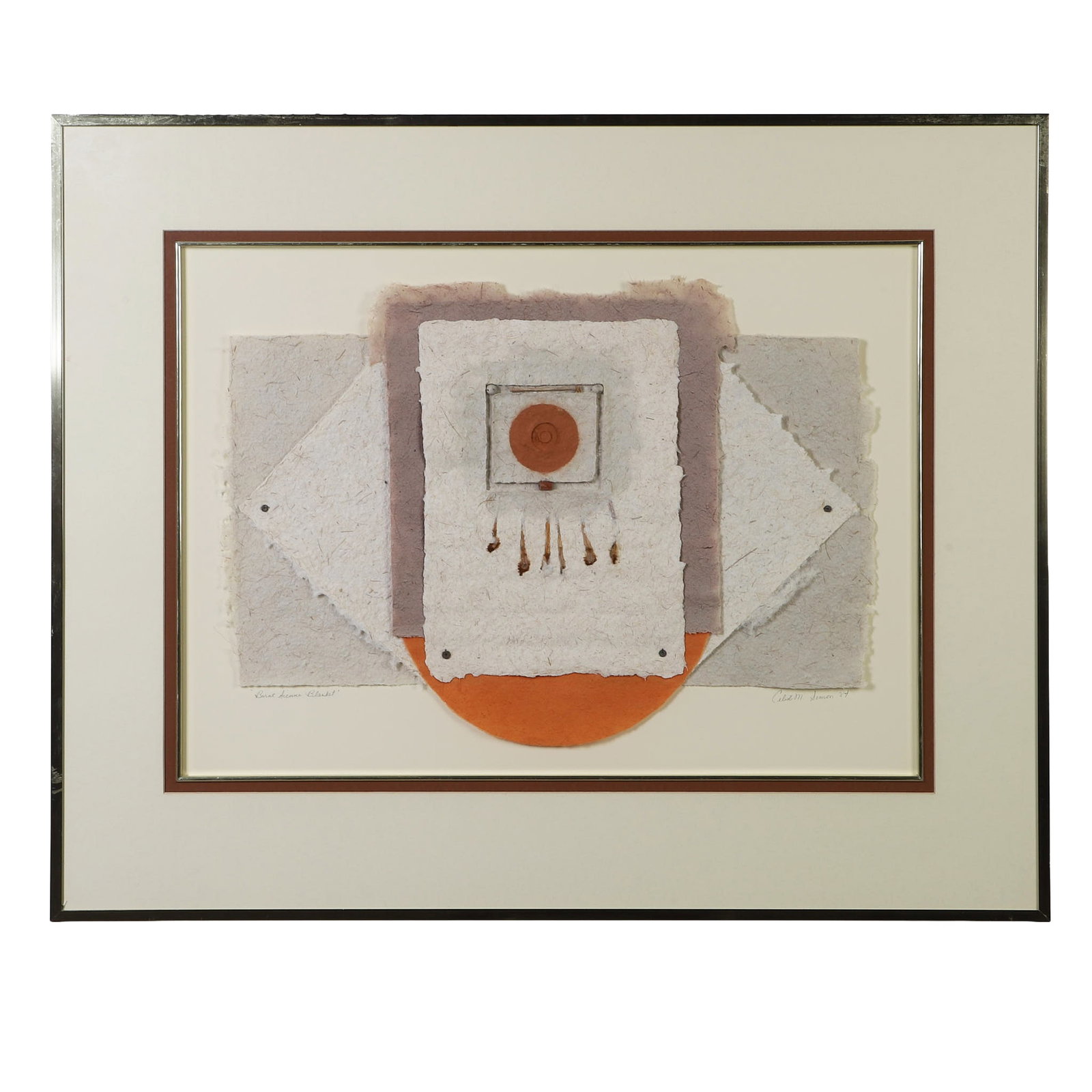 Celeste M. Simon (American, 20th C) Handmade Paper Sculpture.: Celeste M. Simon (American, 20th C) Handmade Paper Sculpture. Titled: "Burnt Siena Blanket," Handmade paper and mixed media assemblage. 17" H x 23.5" W sight, 29" H x 36" W frame.