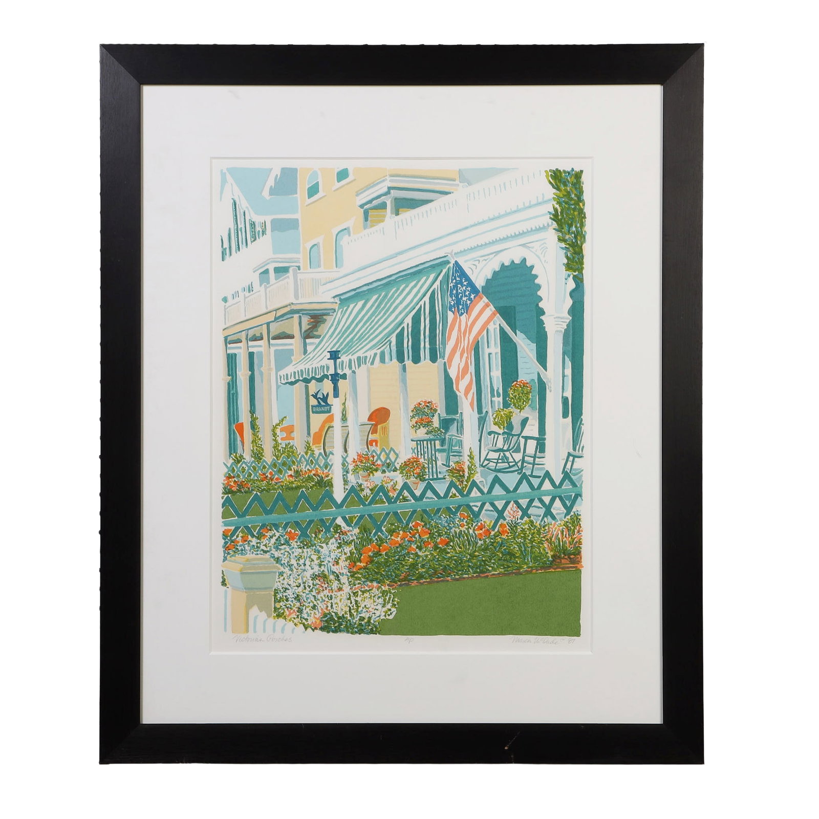 Marcia McDade (American, 20th C) Regionalist Print.: Marcia McDade (American, 20th C) Regionalist Print. Titled: "Victorian Porches." Pencil-signed, dated '87, and designated AP. 26" H x 20" W sight, 37.5" H x 31.5" W frame.