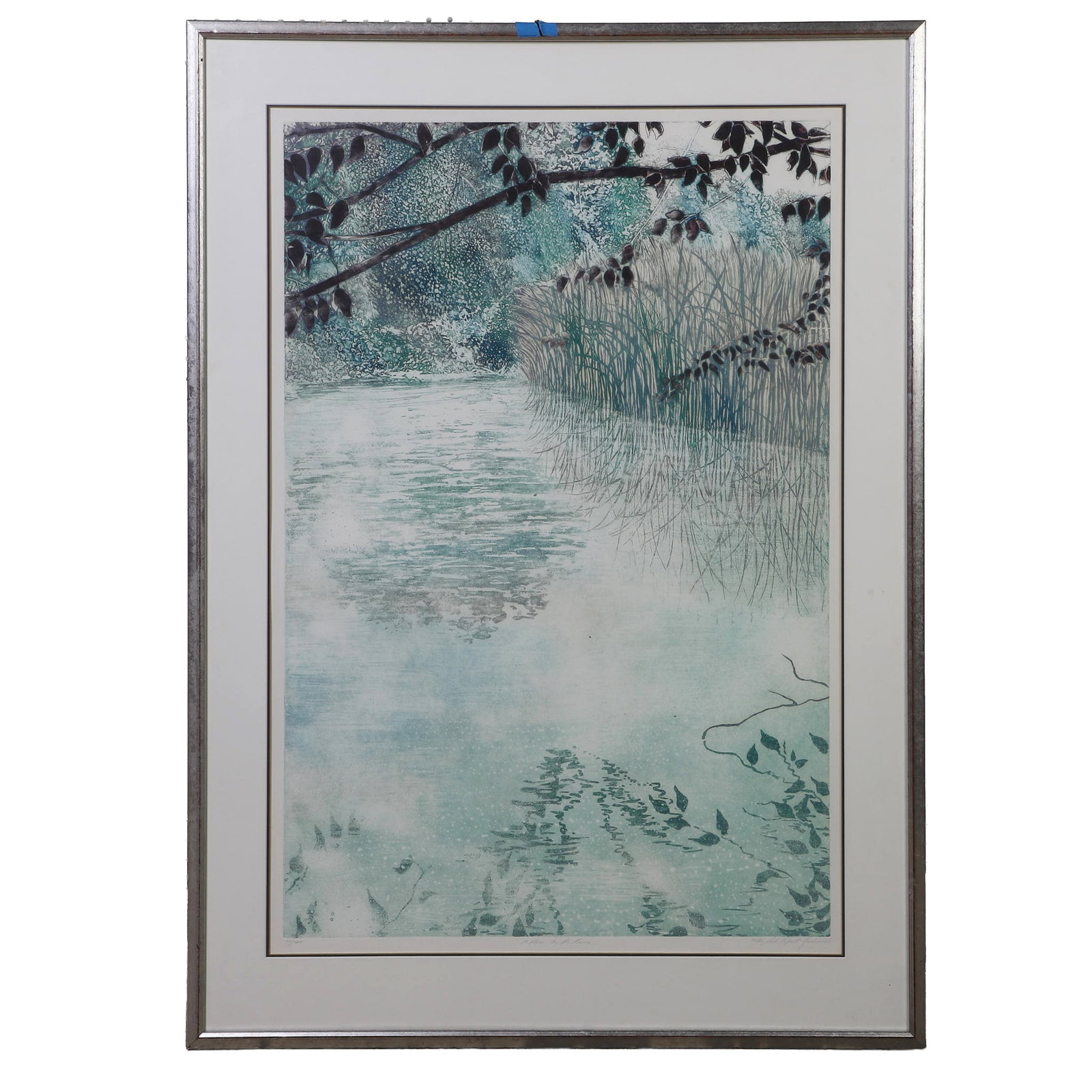 Leila K. Yarbrough (American, 20th C) Aquatint, 1985.: Leila K. Yarbrough (American, 20th C) Aquatint, 1985. Titled: "A place by the River." Pencil signed and numbered 50/700. 40" H x 26" W sight, 48" H x 34.75" W frame.