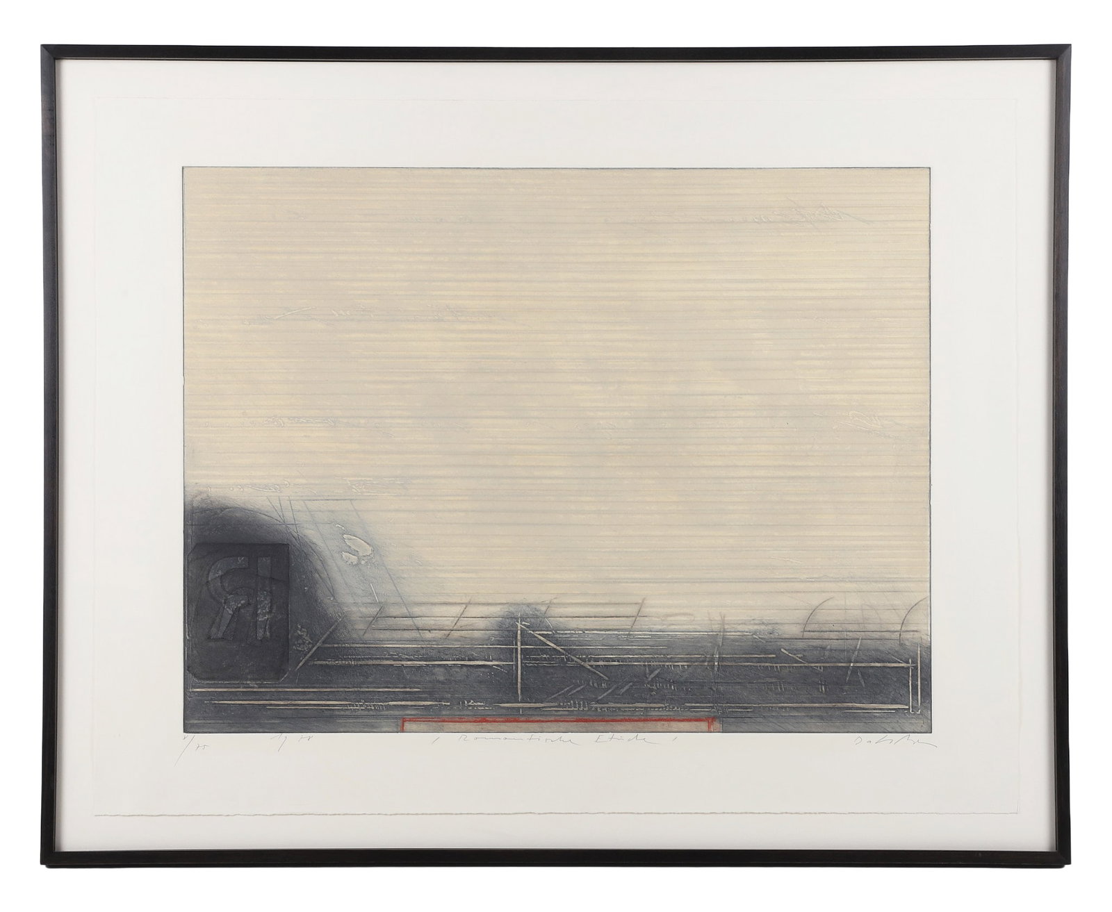Karl Fred Dahmen (German, 20th C) Etching, 1978.: Karl Fred Dahmen (German, 20th C) Etching, 1978. Titled: "Romantische Etude." Pencil-signed and numbered 8/75. 28" H x 35" W Sight, 31" H x 39" W frame.