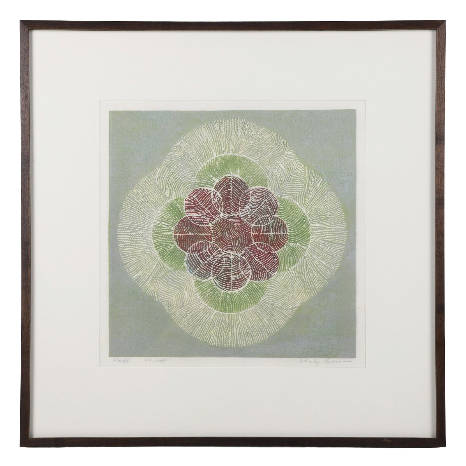 Shirley Eisinan (unlisted), Duet, Intaglio (Colorproof).: Shirley Eisinan (unlisted), Duet, Intaglio (Colorproof). Duet, geometrical botanical art, signed lower right Shirley Eisinan. Sight 13"H x 13"W, frame 24"H x 24"W.