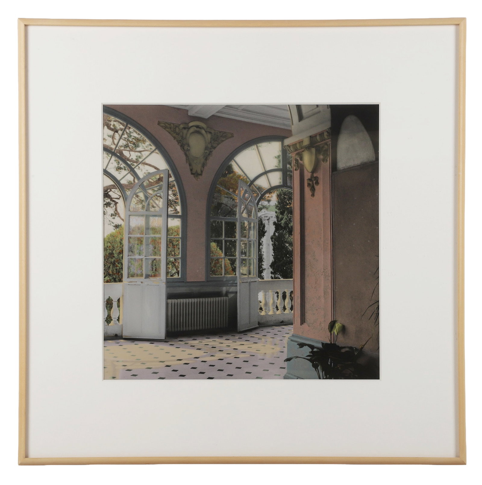 Jeannie O'Connor (American, 20th C) Mixed Media Composition, 1990.: Jeannie O'Connor (American, 20th C) Mixed Media Composition, 1990. Titled: "Monaco: Maison de la Marie IV." Painted film collage. 17.75" H x 17.75" W sight, 28.5" H x 28.5" W frame.