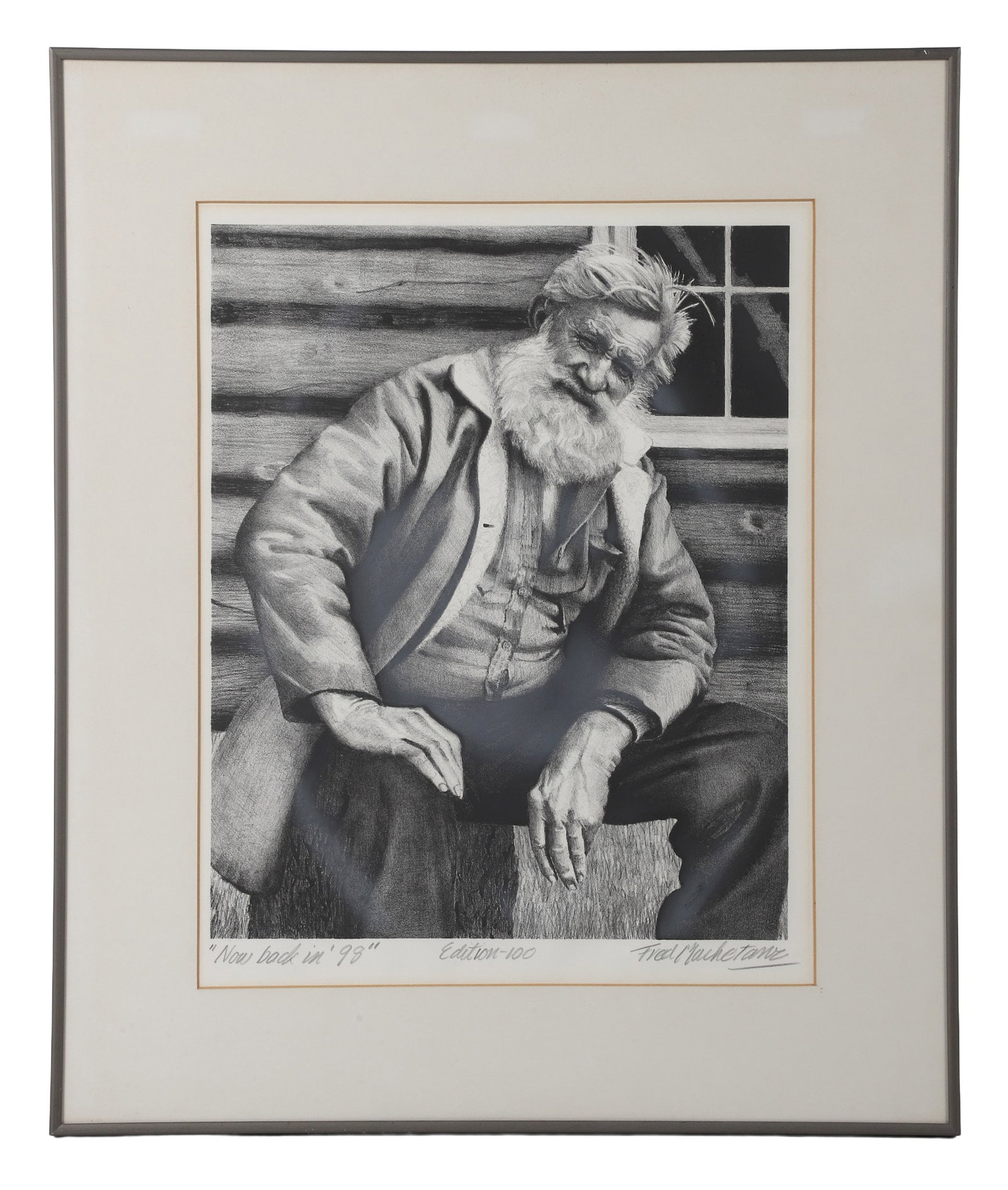Fred Machentaz (1908-2002), Lithograph Portrait of a Man.: Fred Machentaz (1908-2002), Lithograph Portrait of a Man. Back in 98/ "Now Back in '98", depicting 80-year-old Alaskan sourdough maker and prospector George Smock sitting on a cut section of spruce. S