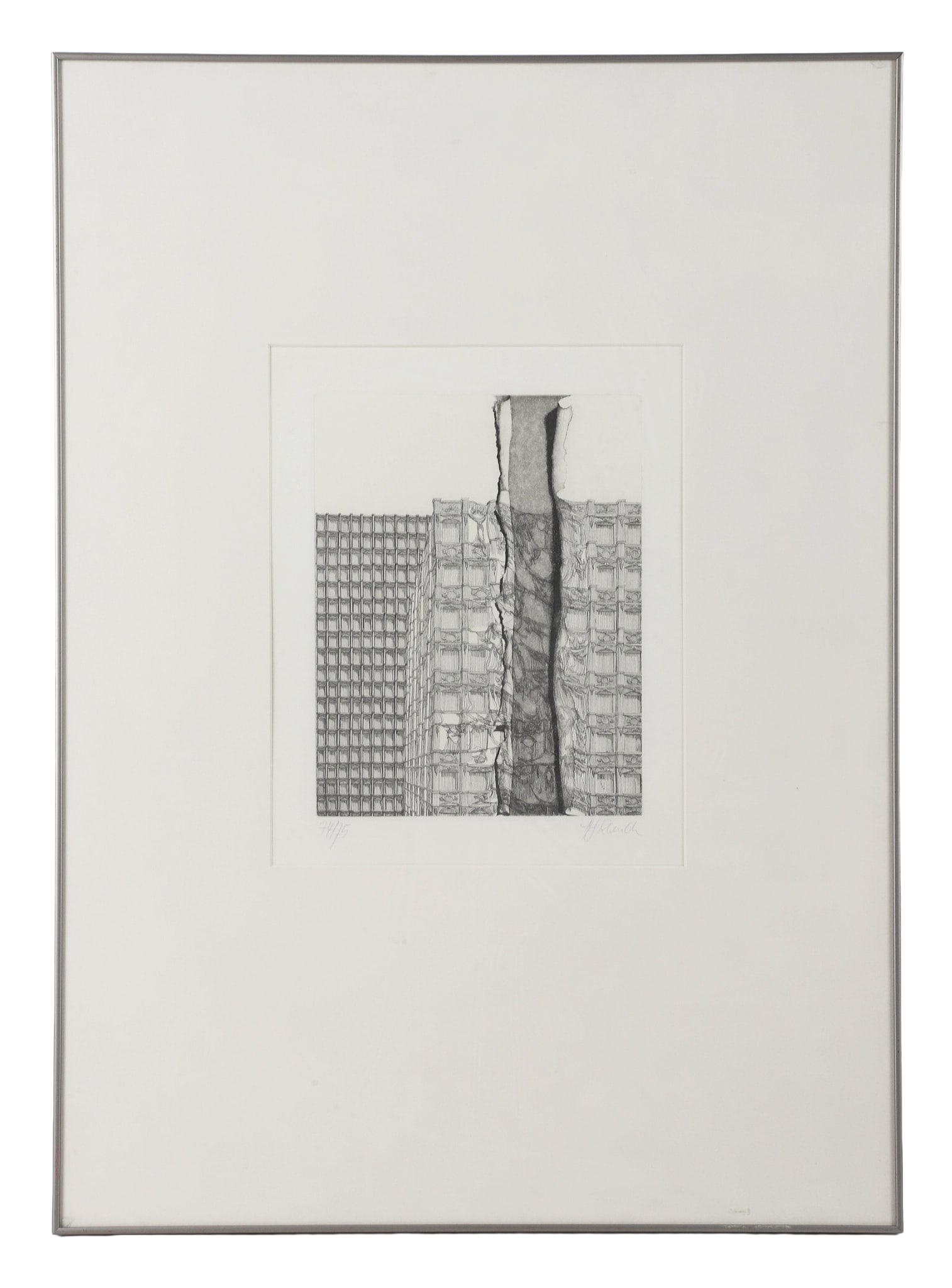Hans-Georg Rauch (German, 20th C) Etching.: Hans-Georg Rauch (German, 20th C) Etching. From The Parchment Suite, "Happy Apocalypse #2." Pencil signed and numbered 74/75. 10" H x 7" W sight, 27.75" H x 20" W frame.