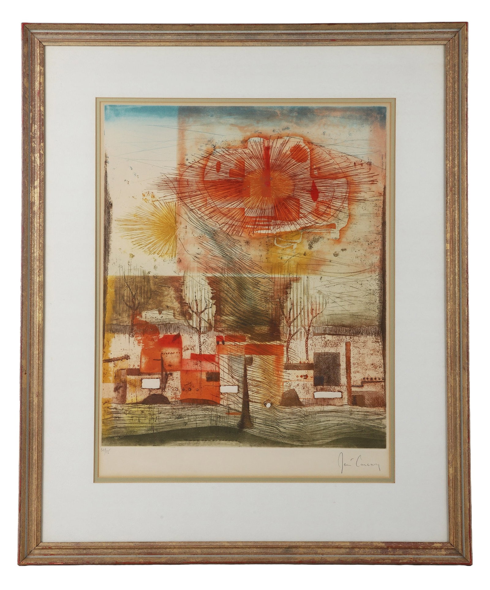 René Carcan (Belgian 1925–1993), Landscape with the rising sun, Print 32/95: René Carcan (Belgian 1925–1993), Landscape with the rising sun, Print 32/95 Landscape with the rising sun, Print featuring an abstract landscape with red and warm tones under a lighter sky,