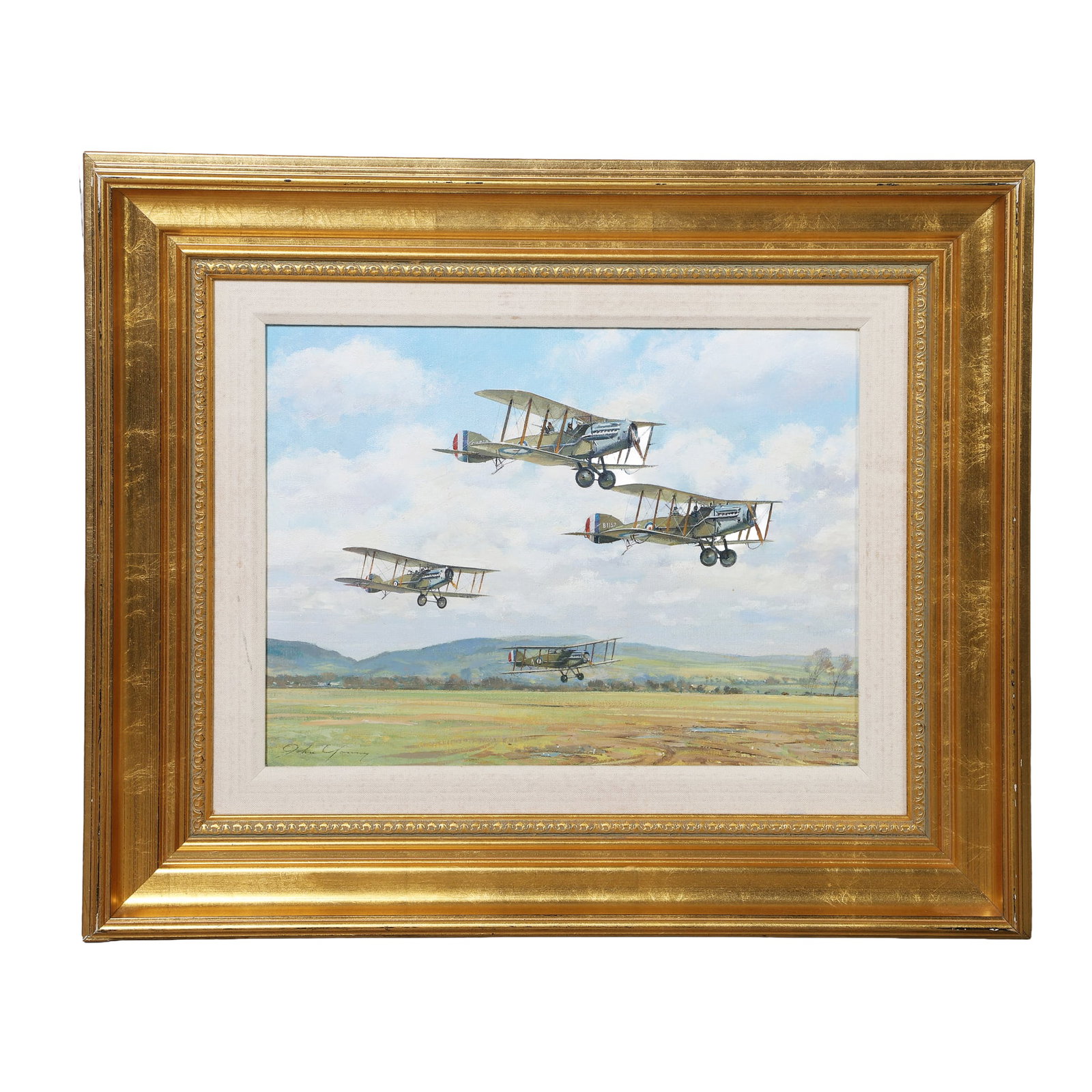 John Young (United Kingdom, b. 1930) Bristol Fighters.: John Young (United Kingdom, b. 1930) Bristol Fighters. Bristol Fighters, military planes in flight. Oil On Canvas signed lower left, sight 11.25"H x 15"W, frame 20"H x 24"W