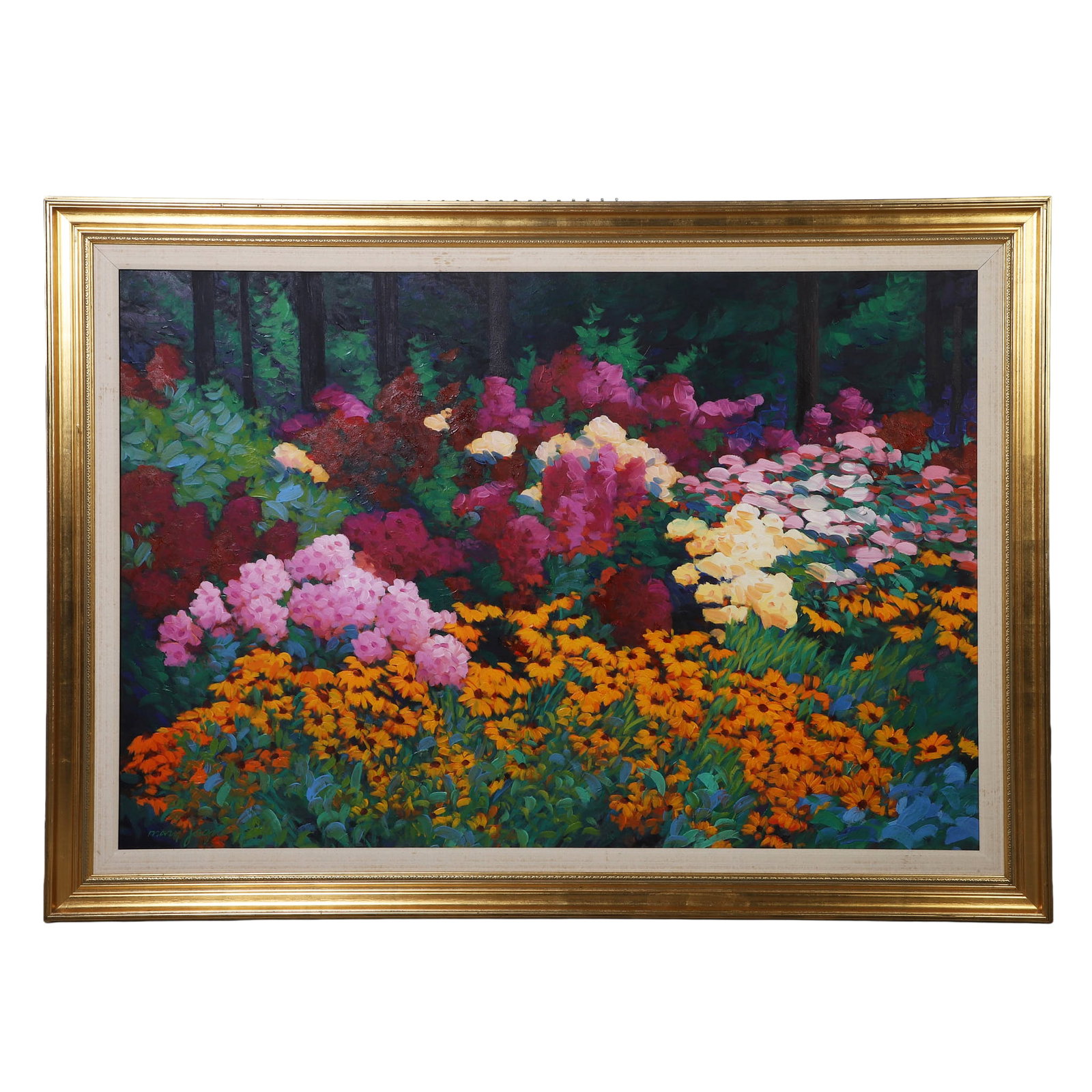 Mary Iona Jaqua (American, 20th C.) Floral Meadow Painting.: Mary Iona Jaqua (American, 20th C.) Floral Meadow Painting. Titled: "Phlox and Rudbeckia." Oil on canvas. Signed in the lower-left corner. 39.5" H x 58.5" W sight, 49" H x 68" W frame.