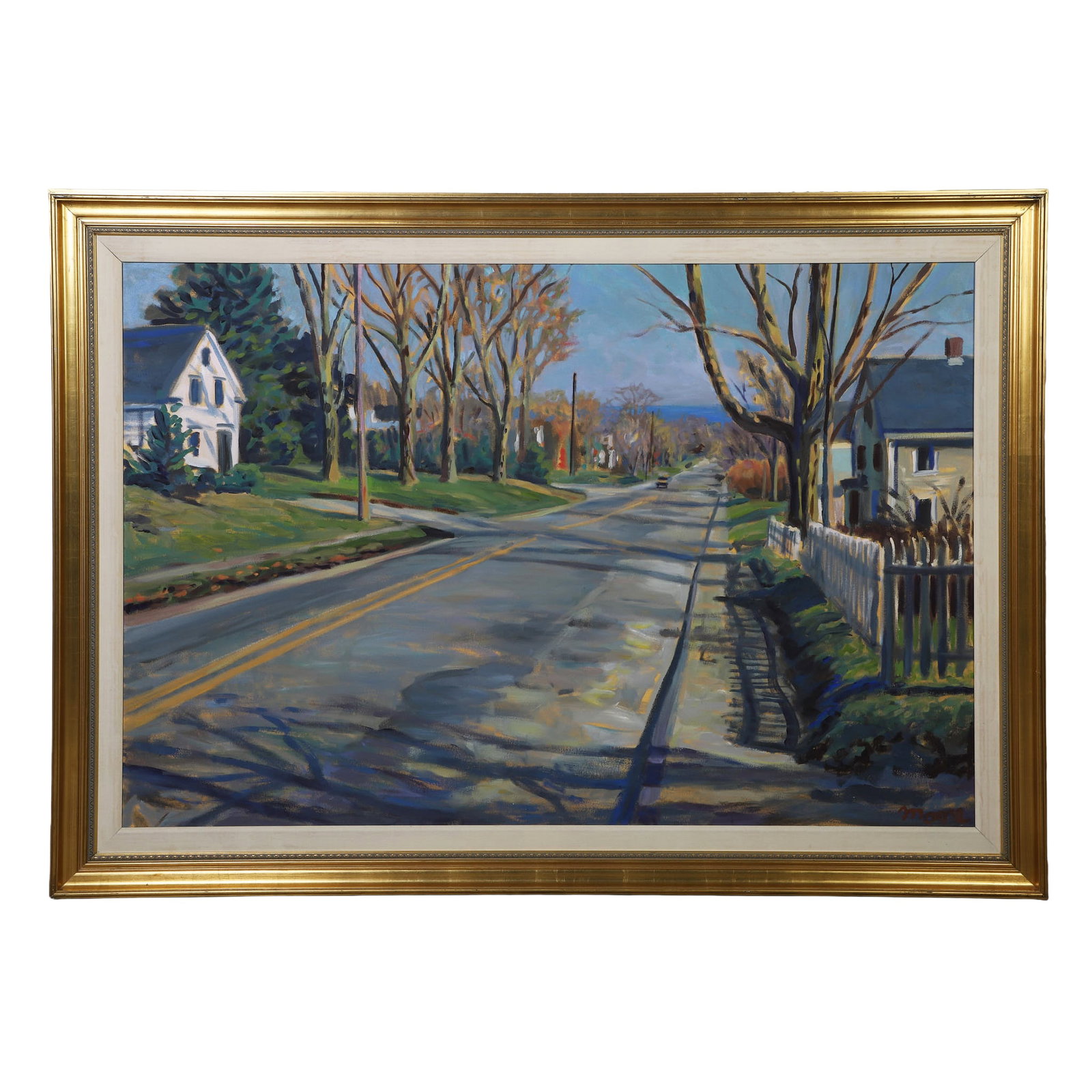Scott Moore (American, ME/DC, b. 1953) Landscape Painting.: Scott Moore (American, ME/DC, b. 1953) Landscape Painting. Titled "Route 52 Inbound". Oil on masonite fall scene of road through town. Signed "Moore" lower right. Sight 39.5"H x 59.5"W frame 49"H x 69