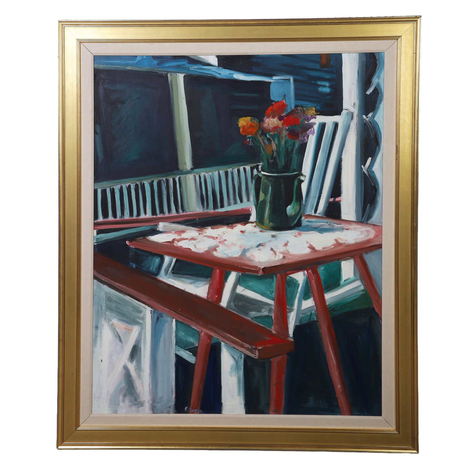 Carol Horgan Lesher (American, b.1962) Painting.: Carol Horgan Lesher (American, b.1962) Painting. Untitled still life vignette set on a porch. Oil on canvas. 51" H x 41" W sight, 61" H x 51" W frame.