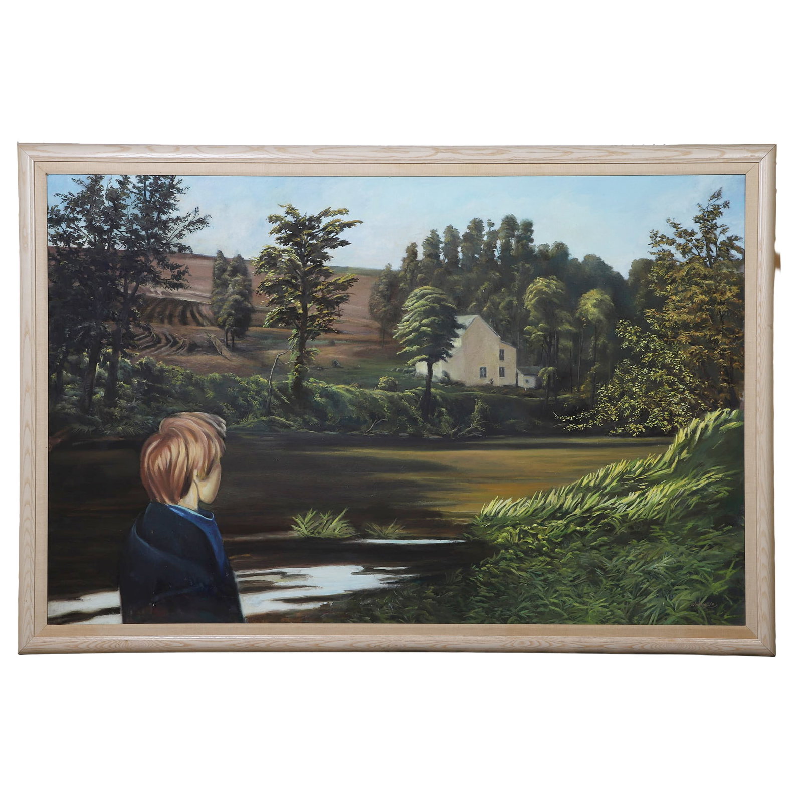 Terry de Angelo (American, 20th/21st C) Landscape Painting.: Terry de Angelo (American, 20th/21st C) Landscape Painting. Titled: "River Bay." Oil on canvas. 41.5" H x 64.5" W sight, 47.5" H x 70.5" W frame.