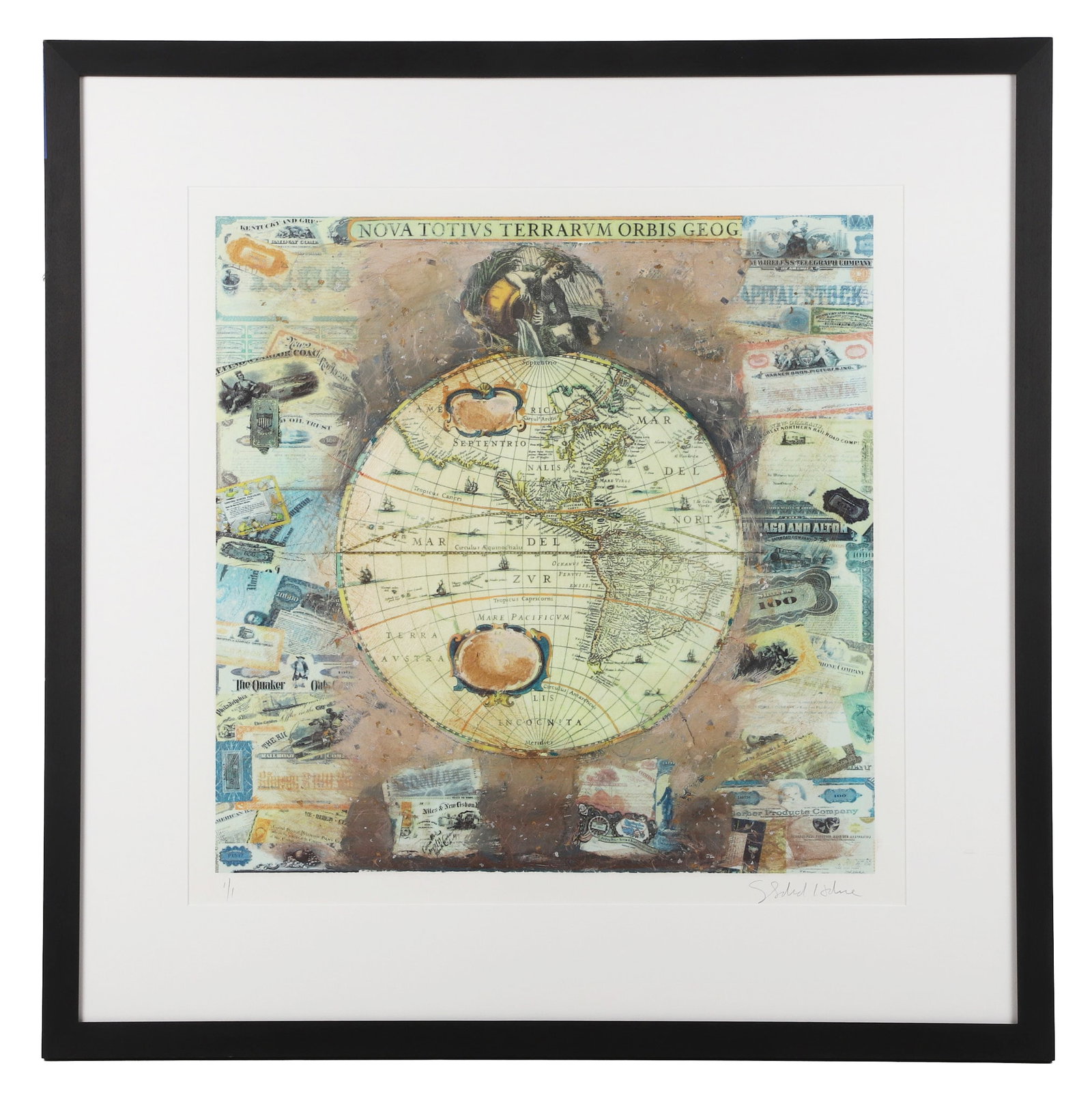 Starlie Sokol-Hohne (American, 20th C.), Mixed Media Lithograph.: Starlie Sokol-Hohne (American, 20th C.), Mixed Media Lithograph. Globe 1/1, vintage map and ephemera, signed lower right and numbered. Sight 25"H x 25"W, frame 35"H x 35"W.