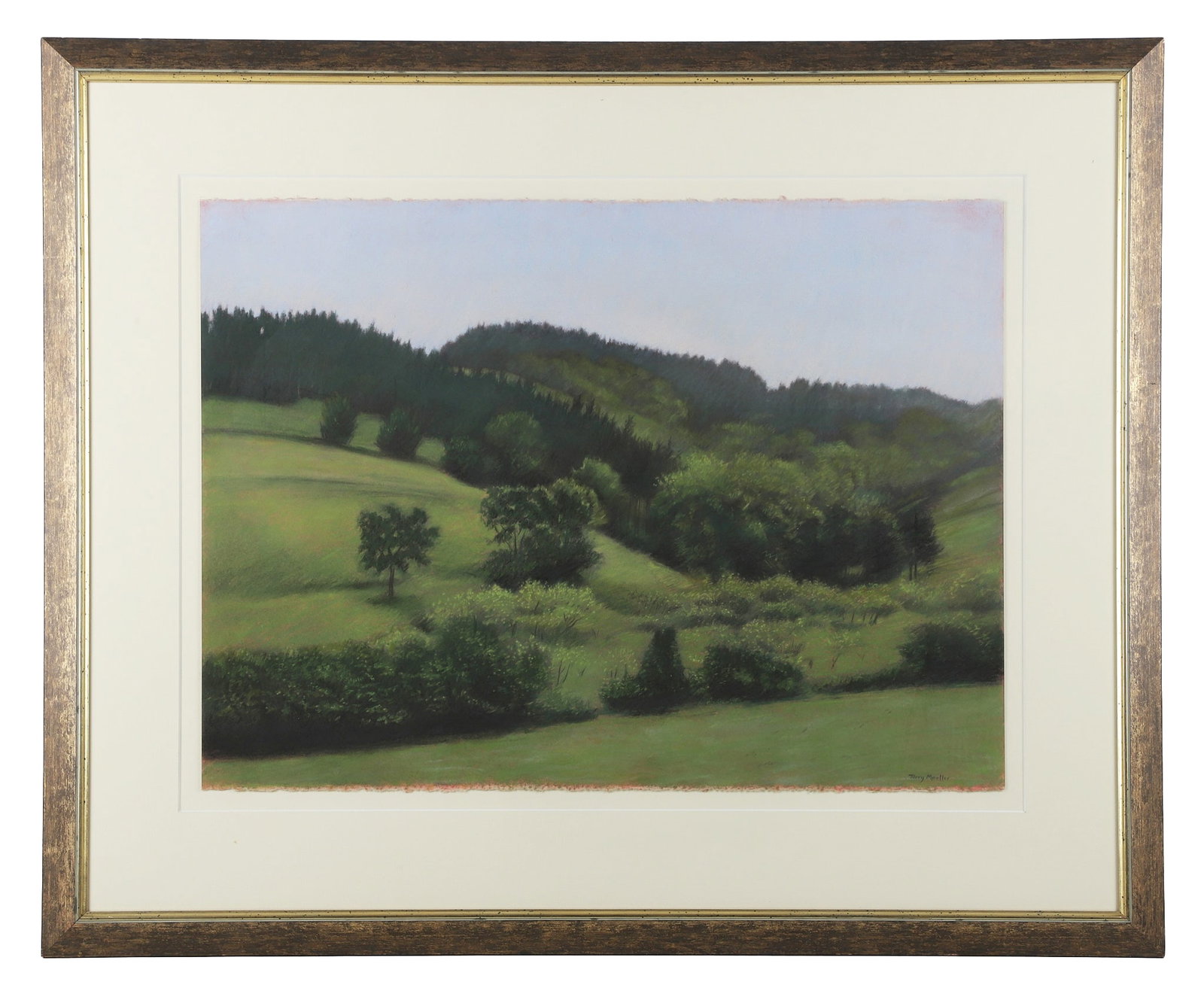Terry Moeller (American, 20th C) Pastel Landscape.: Terry Moeller (American, 20th C) Pastel Landscape. Titled: "Pine Forest at the Foothills." Pastel on paper. 22" H x 30" W sheet, 34" H x 42" W frame.