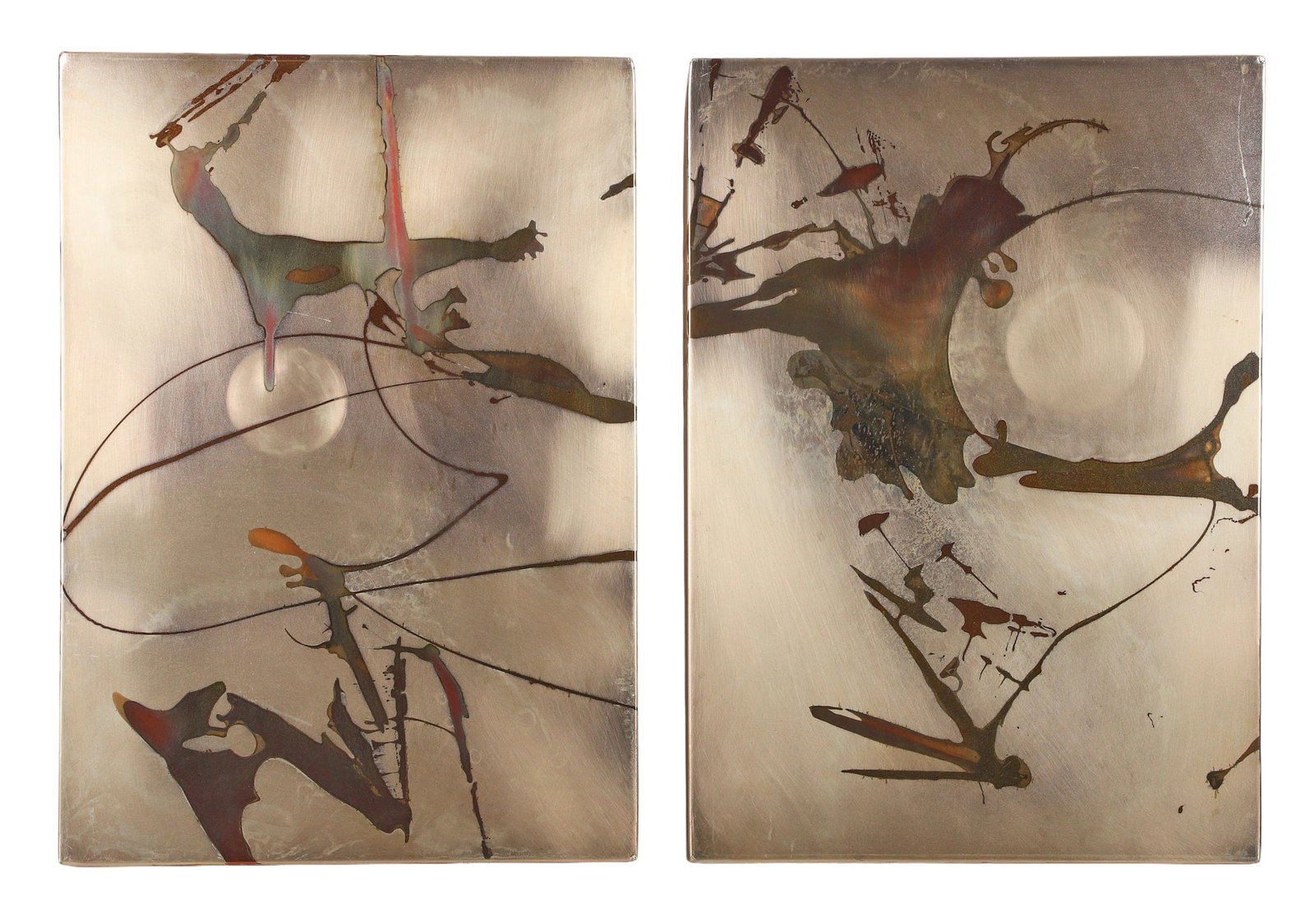 John West (American, 20th C) Etched Metal Diptych, 1987.: John West (American, 20th C) Etched Metal Diptych, 1987. Untitled modernist etched, burnished and coated steel panels. Each panel: 20.5" H x 14.5" W x 1.75" D.
