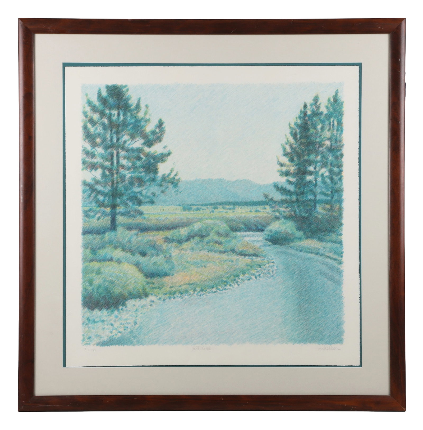 Mike Pease (American, 1930?2007), Lithograph.: Mike Pease (American, 1930–2007), Lithograph. Falls Creek, 11/125, signed lower right, 29" H x 29" W sight, 38.5" H x 38.5" W frame.