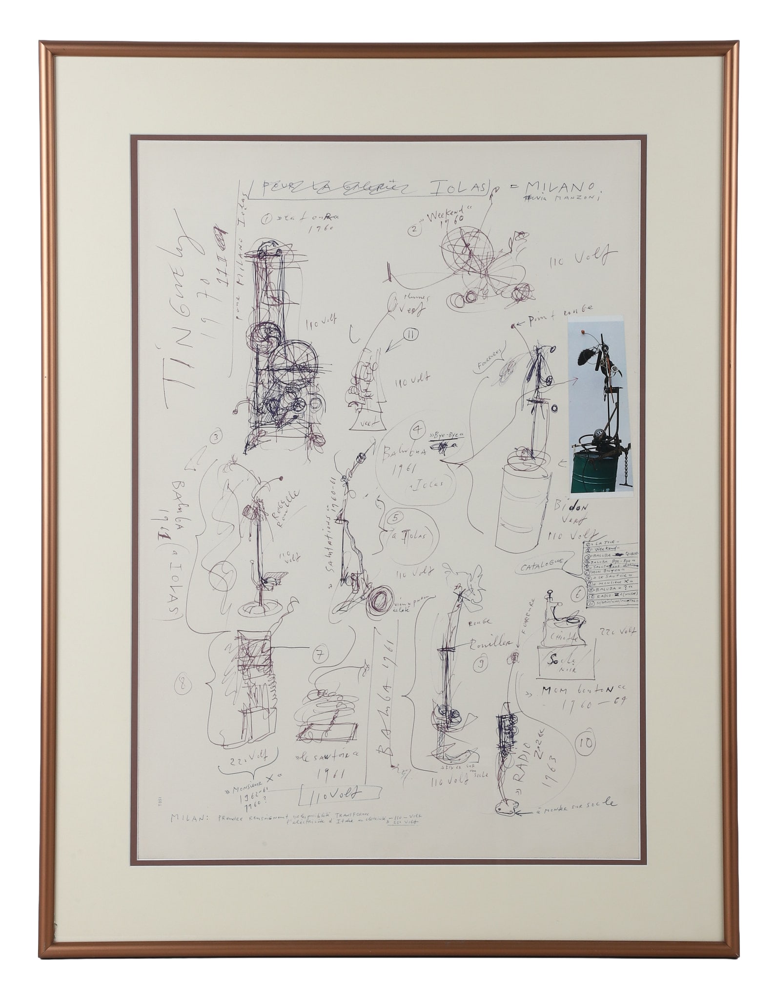 Jean Tinguely (Swiss, 1925-1991) Mixed Media.: Jean Tinguely (Swiss, 1925-1991) Mixed Media. Pour la galerie Iolas Milano, published in 1970. Signed upper left. 28" H x 20" W sight, 36" H x 27.5" W frame.