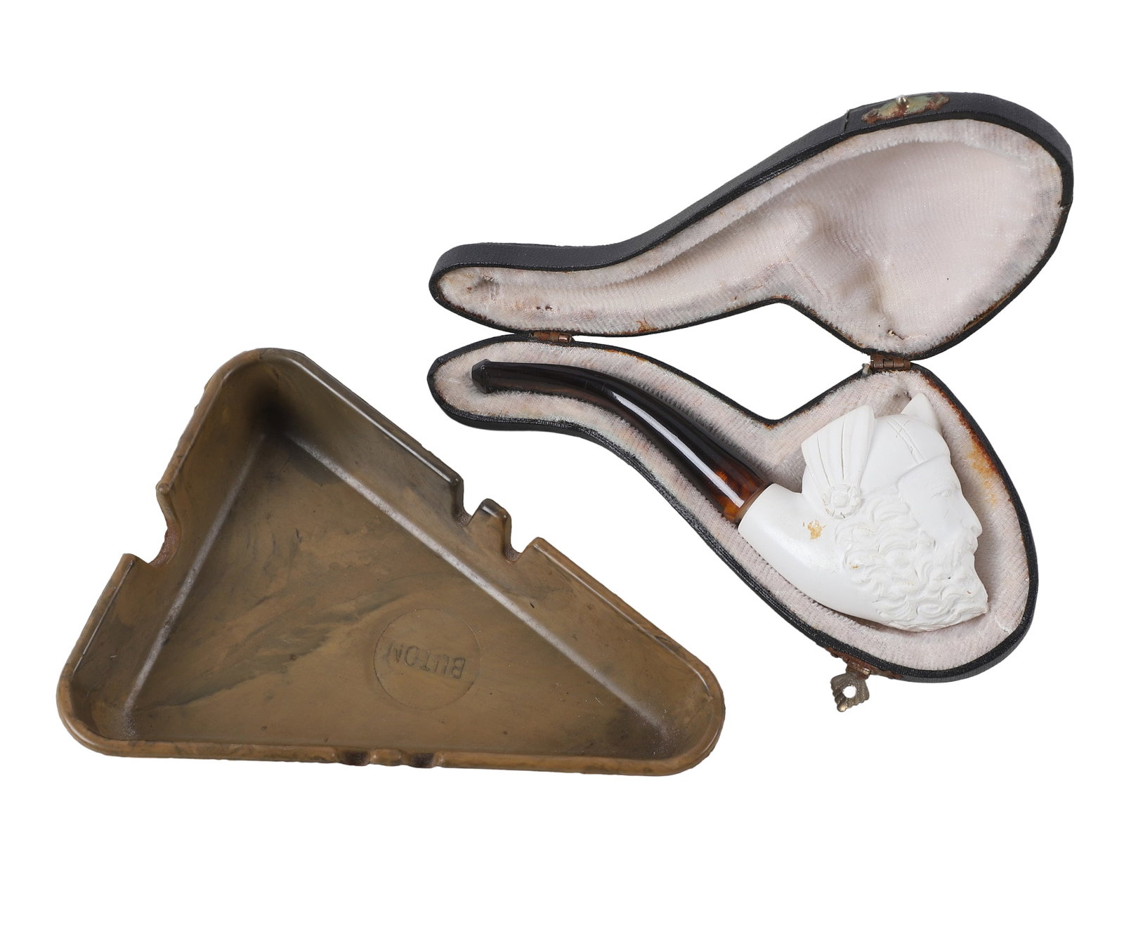 Turkish Meerschaum Pipe & Ashtray: Turkish Meerschaum Pipe & Ashtray Turkish figural meerschaum pipe in leather case, 6 3/4"L. Also includes a vintage Buton triangular ashtray.