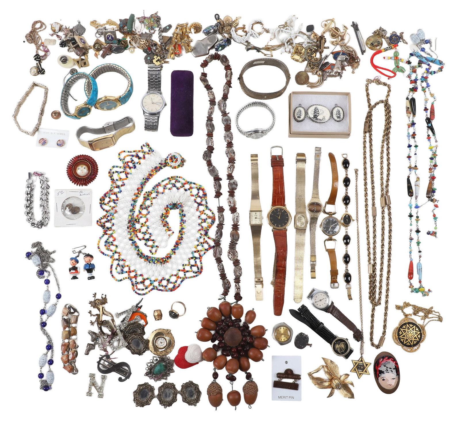 Costume Jewelry Grouping to include Trifari Bracelet: Costume Jewelry Grouping to include Trifari Bracelet Costume Jewelry Grouping to include silver tone Trifari bracelet, beaded necklaces, clip on earrings, pins, cufflinks, watches and watch parts