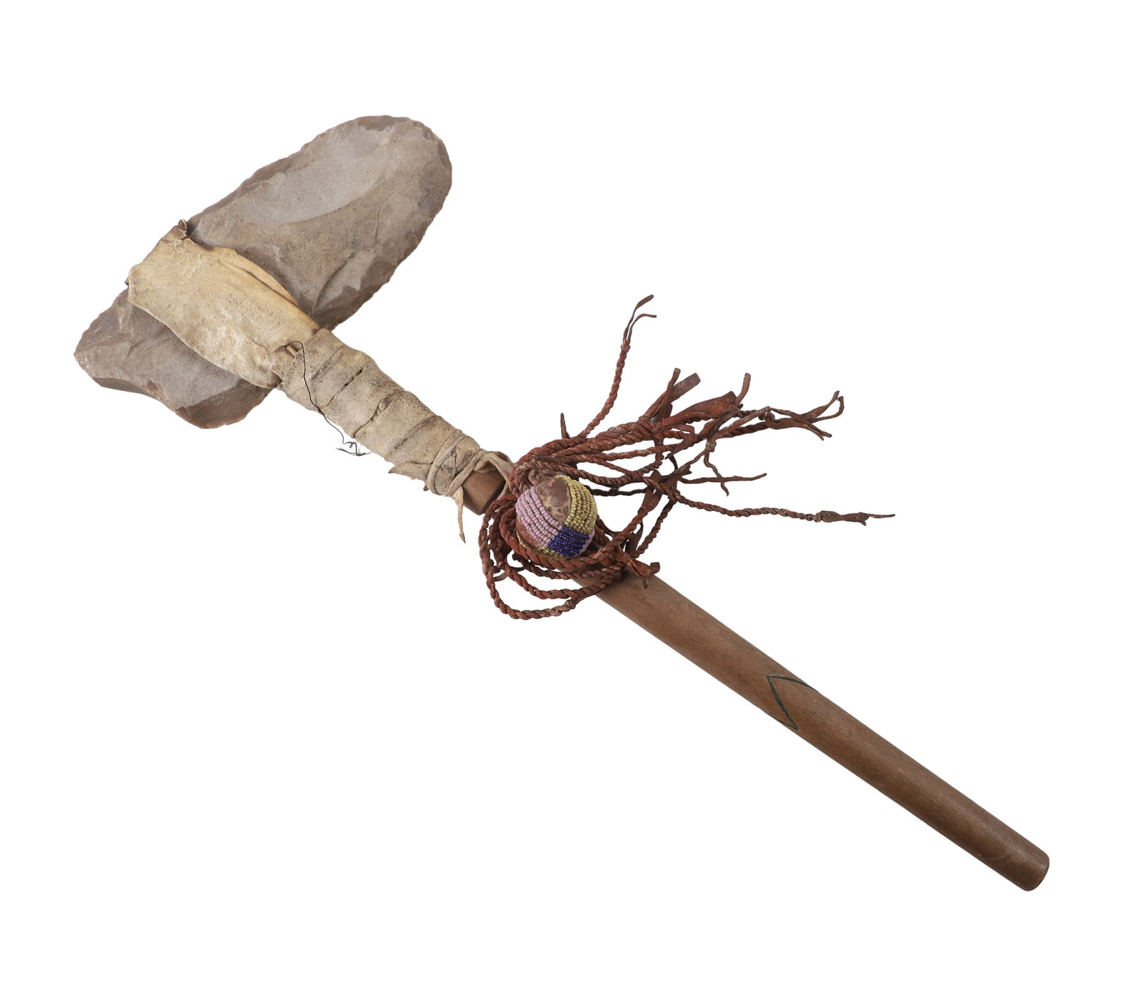 Navajo Style Tomahawk: Navajo Style Tomahawk Handmade Navajo style tomahawk with shaped head & handle, adorned with beaded tassels. Head 6 1/4"L, full length 15 3/4"