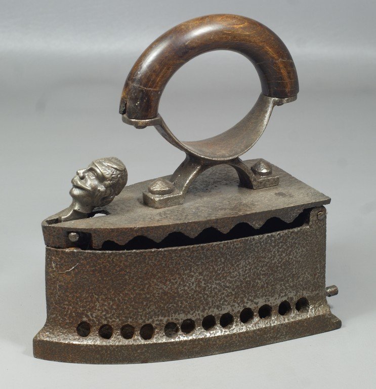 European charcoal iron, “man with mustashe latch”, 9": European charcoal iron, “man with mustashe latch”, 9" long