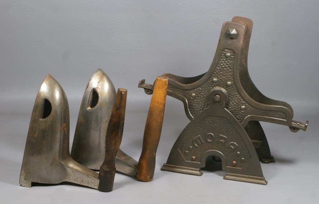 Gas Heated Rocker with matching irons marked "MORA": Gas Heated Rocker with matching irons marked "MORA" base measures 8" wide, 5-1/2" deep